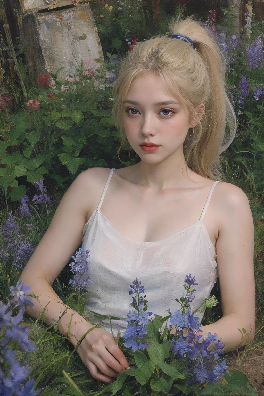 (oil painting:1.5),
\\
a woman with (sand blonde ponytail hair), ((grey eyes)) and bluebells flowers in her hair is laying down in a field of Bluebells flowers, (amy sol:0.248), (stanley artgerm lau:0.106), (a detailed painting:0.353), (gothic art:0.106)