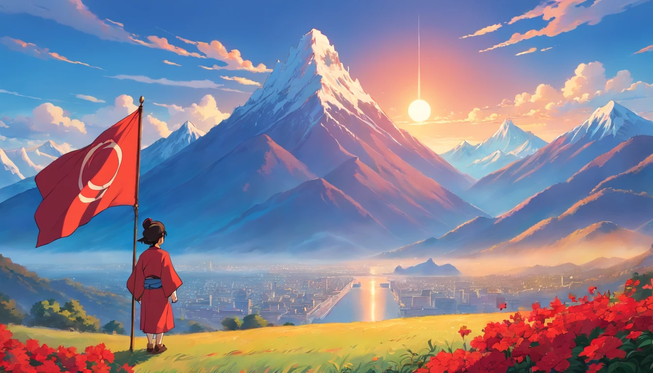 Red flag,majestic mountain peaks,Tiananmen square,The book reads, "It's childlike to party.",Set sail with your dreams"