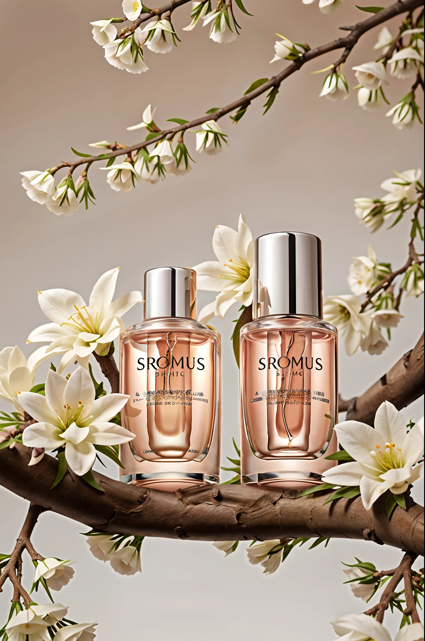 A bottle of cosmetics,Place on thick branches,Some white flowers grow on the branches,simplebackground,solid color backdrop,fotografia do produto,Studio photography,16k,Product rendering