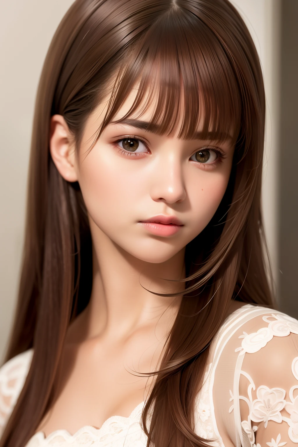(masutepiece:1.3), High resolution, ultra-detailliert, the Extremely Detailed CG Unity 8K Wallpapers, Realistic, Photorealsitic, Raw photo, beautifull detailed face, pale skin, realistic glistening skin, Detailed Cloth Texture, detailed hair texture, Perfect body, Beautiful face, acurate, Anatomically correct, Highly detailed face and skin texture, Natural neck length, (Fair skin:1.2), thin legs, Thin feet, (Aligned teeth:1.1), Sweaty skin, BREAK, Detailed eyes, symmetrical eye, Light brown eyes, Double eyelids, Thin eyebrows, (Sleepy eyes:1.1), (Glossy lips:1.4), (Mouth waiting for a kiss:1.2), (blush:1.2), (Small hair accessories that sparkle:1.1), BREAK, (classy girl:1.3), (Wearing (doress:1.2) With a white floral pattern), BREAK, ((Close Up Shot:1.2)), medium breasts, Slender figure, Firm abs, ((up do hairstyle, Dark blonde hair, Wavy Hair, Long hair:1.1)), ((asymmetric bangs:1.2)),
