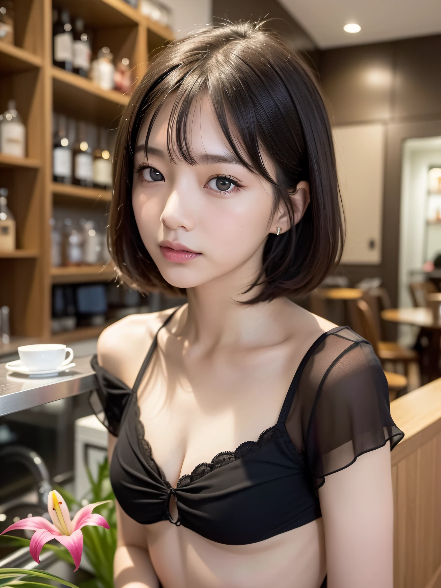 ((of the highest quality, 8K, masutepiece: 1.3, Raw photo)), Sharp Focus: 1.2, (1 AESPA Girl :1.1), Solo, (Realistic, Photorealistic: 1.37), (Face Focus: 1.1), Cute face, hyperdetailed face, (short messy hair: 1.2), Small Smile, Small breasts, flat chest, nude, (taking off her black chiffon shirt: 1.2), Thigh, panties, cafe, bar, flower, lily