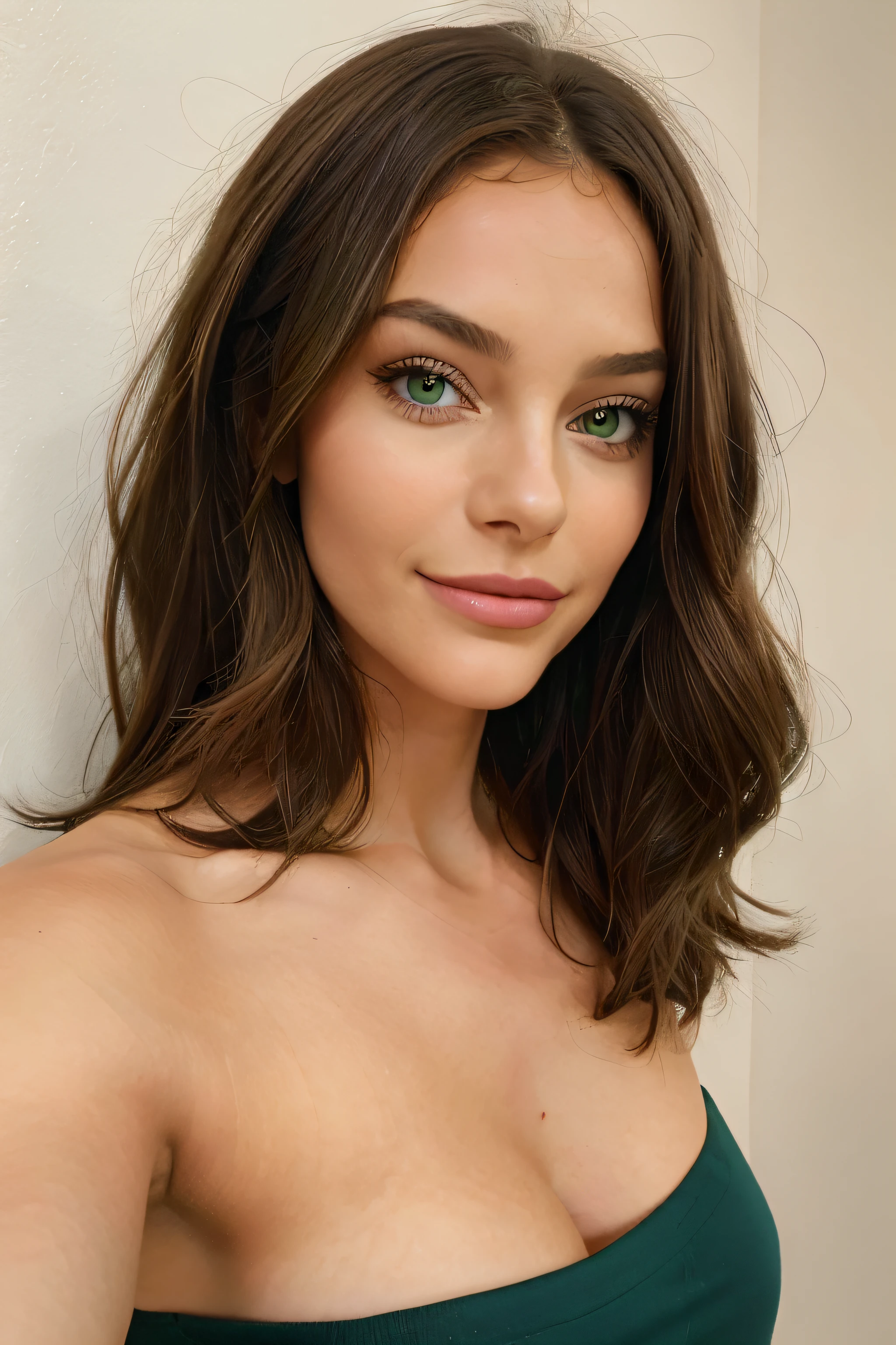 This image depicts a young woman with, superimposed brown hairs. Elle se maquille, including lipstick and eyeliner, and his lips are slightly spread in a subtle smile. Her emerald green eyes, as she takes a selfie of herself against an off-white wall. Lighting is soft and warm, showcasing the natural beauty of their face. Her skin looks flawless and glowing, tandis que ses longs cils encadrent parfaitement ses yeux. Her hair has been styled in loose curls that cascade down her shoulders..

The woman looks confident but relaxed in this portrait; She seems comfortable in front of the camera and ready to face whatever comes next... This photo captures the essence of youth – it's full of life and energy that can't help but draw you in..!