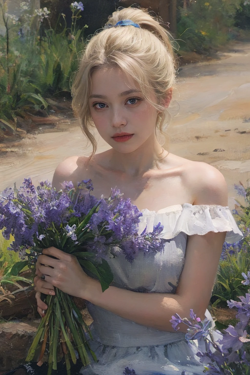 (oil painting:1.5),
\\
a woman with (sand blonde ponytail hair), ((grey eyes)) and bluebells flowers in her hair is laying down in a field of Bluebells flowers, (amy sol:0.248), (stanley artgerm lau:0.106), (a detailed painting:0.353), (gothic art:0.106)