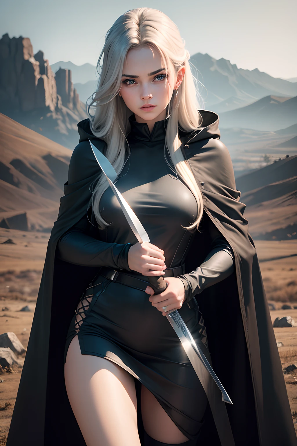 Real human skin，Heart-shaped pupils, Silvery hair，covering ears, full blush, Lunette de soleil，Deep v leather clothing，Transparent，Hollow-out on，long leges，Tall and tall，Cloak，Black high-heeled boots，Holding a 2-meter long knife，Hanging scabbard on body，Bigchest，Kill all sides，Return from the battlefield，Bodies all over the ground，Look up，Leakage of pubic hair，tit，Negative space, wide wide shot, Atmospheric perspective, hyper HD, 巨作