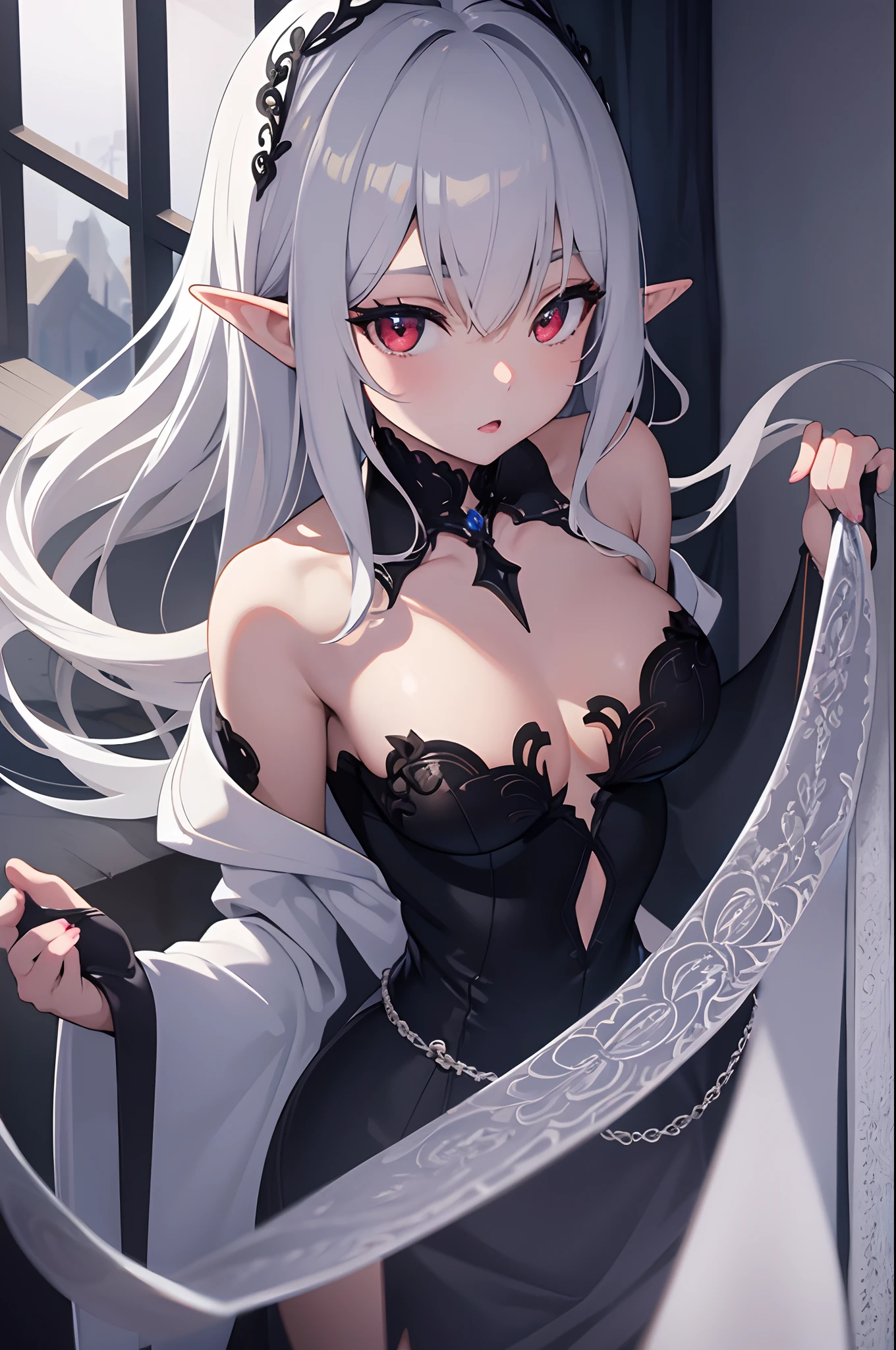 1girl, anime, cute girl, elf, blank background, white background, fantasy, detailed dark fantasy dress with highlights, beautiful face, beautiful eyes, dark colors, medium breasts, slight cleavage, beautiful skin, cute, silver hair, red eyes, breast curtains, extremely delicate and beautiful, (beautiful detailed face:1.0), (detailed deep eyes), symmetrical breasts, deep eyes, shiny skin, portrait, slender waist, hips wider than shoulders, thighs, young girl