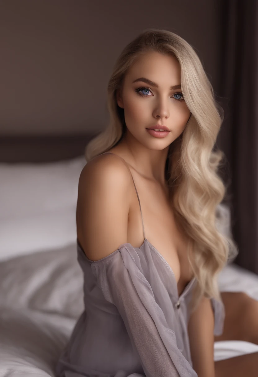 arafed woman fully , sexy girl with blue eyes, ultra realistic, meticulously detailed, portrait sophie mudd, blonde hair and sexy eyes, selfie of a young girl, bedroom eyes, violet myers, with makeup, natural makeup, looking directly at the camera, face with artgram, subtle makeup, stunning full body shot kneeling on bed, in bedroom, large size bust