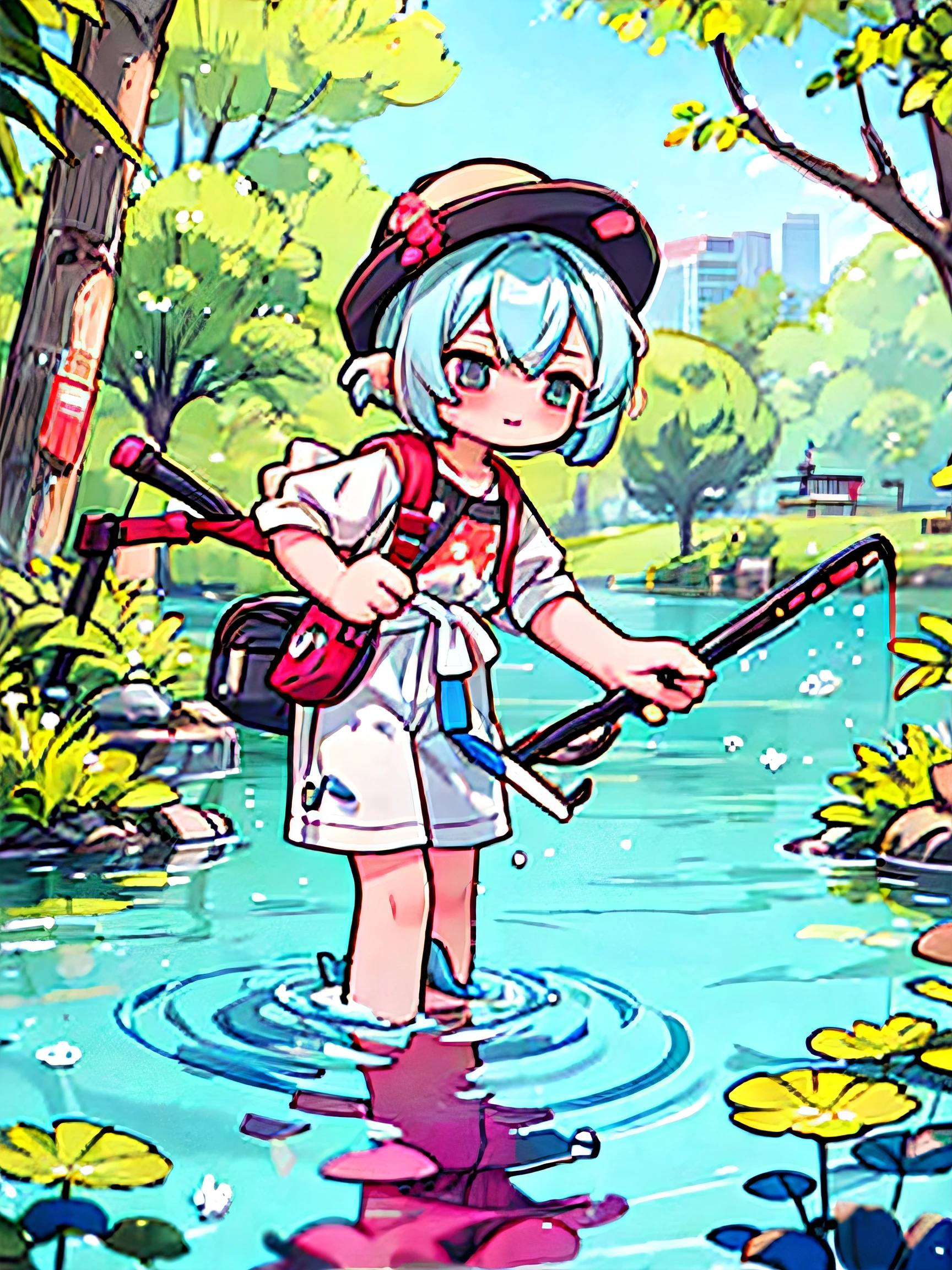 1girl, lake, fishing, fishing rod, swing the rod, hands on fish, dynamic pose, wading