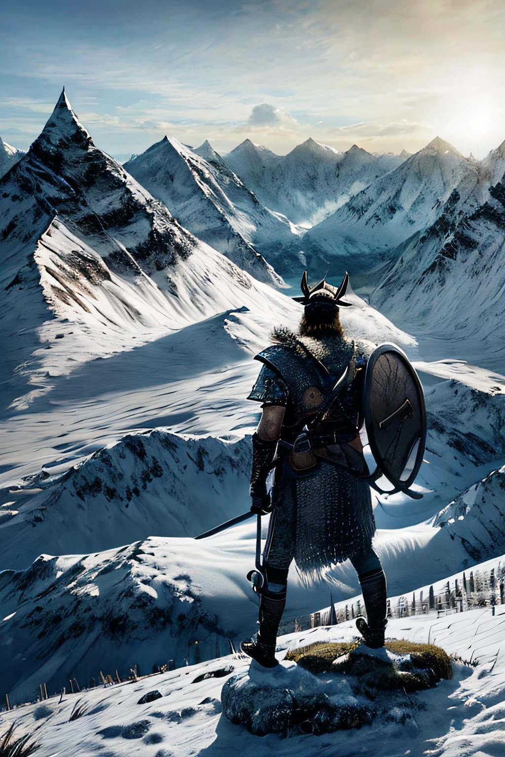 A lone Viking warrior, adorned with intricate horned armor, stands atop a snowy mountain, surveying the vast landscape before him.