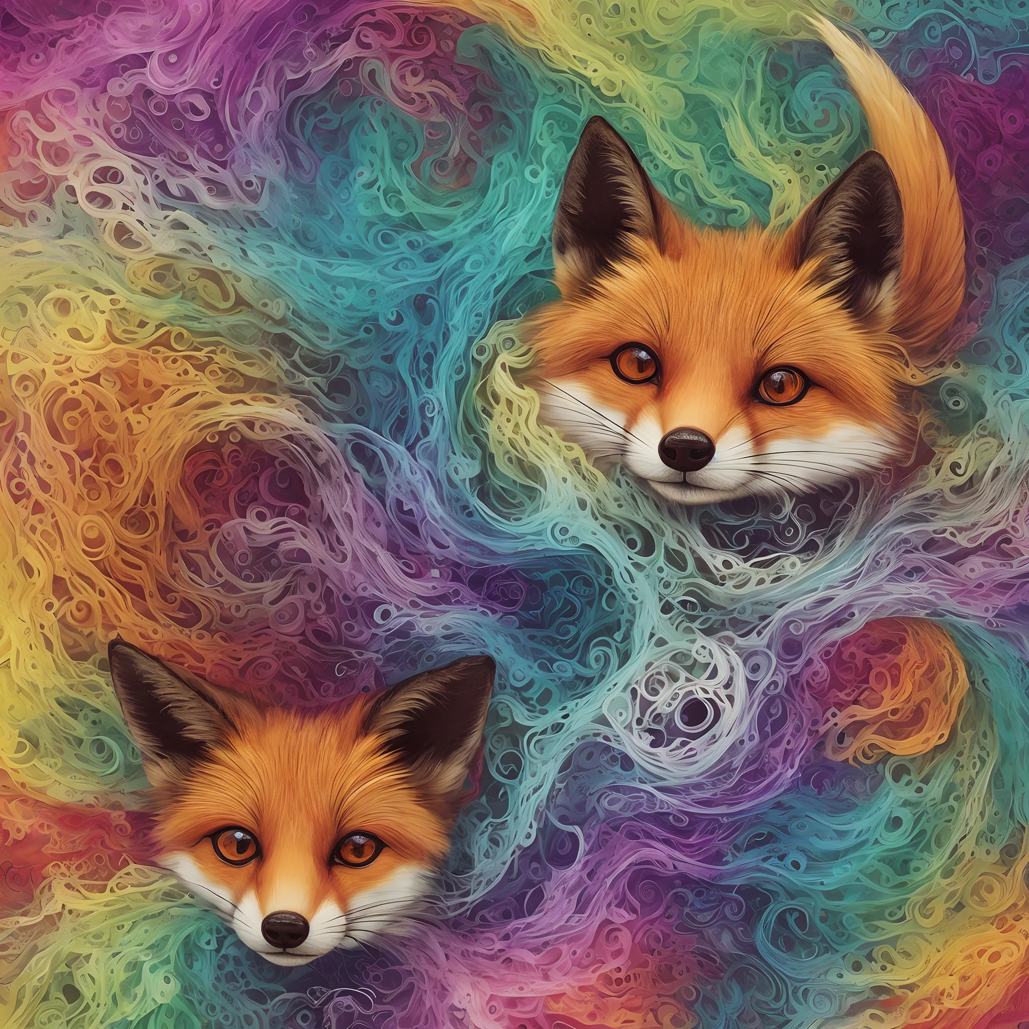 Cute amorphous monster fox with multiple eyes fox with tentacles, e uma boca aberta. Leave a rainbow trail