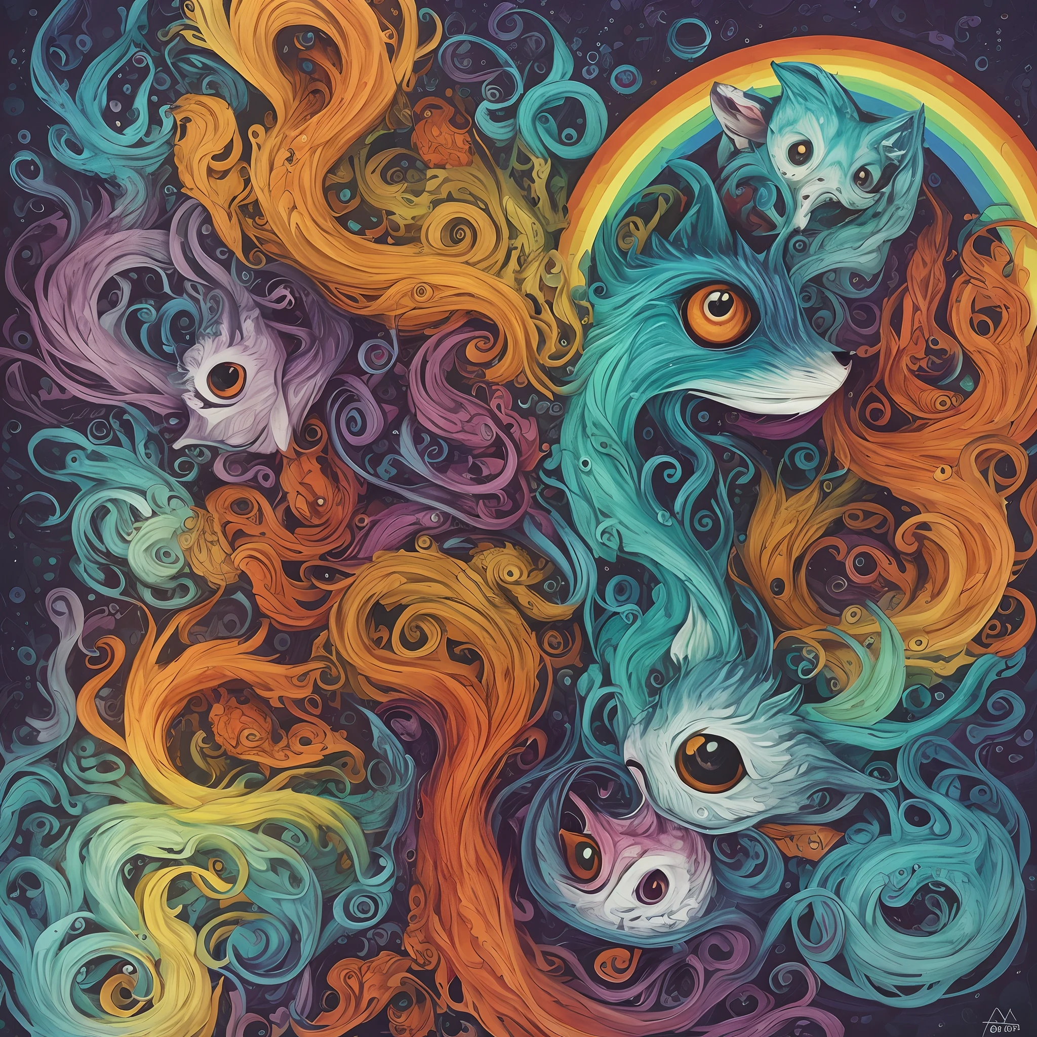 Cute amorphous monster fox with multiple eyes fox with tentacles, e uma boca aberta. Leave a rainbow trail