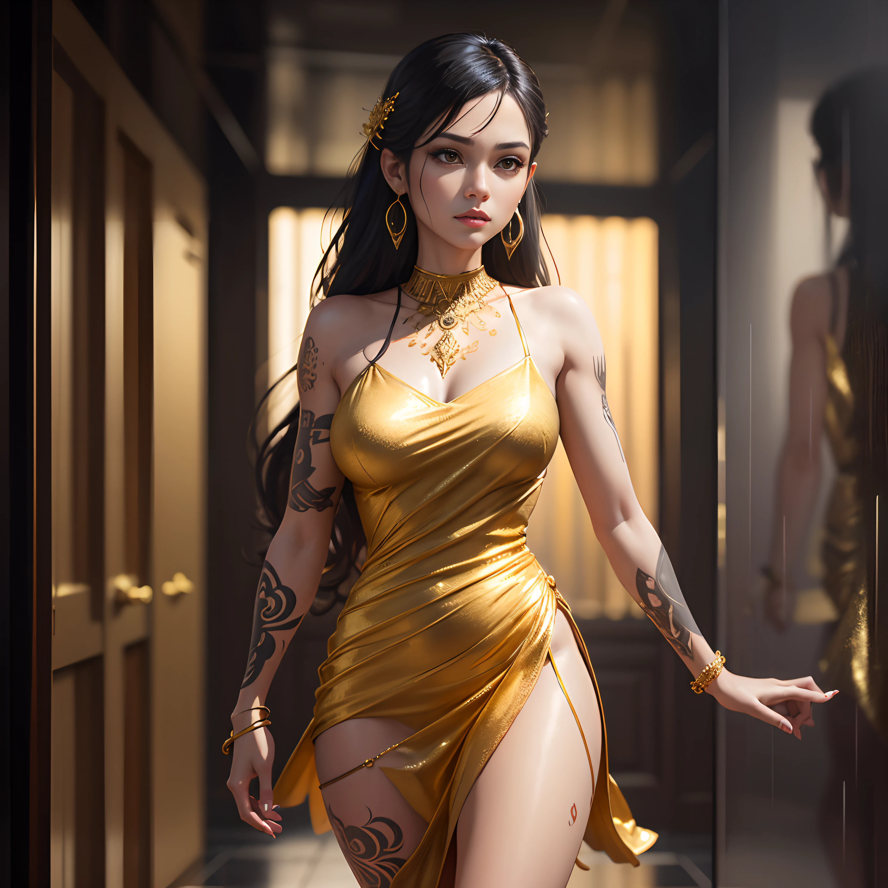 Gold tattoo with golden earrings and girl in the rain, In the style of vray tracing, Martin Ansin, yuumei, Poured, close up, Dark white and gold, speedpainting, masutepiece, Best Quality,Skinny Legs,Gold Dress,