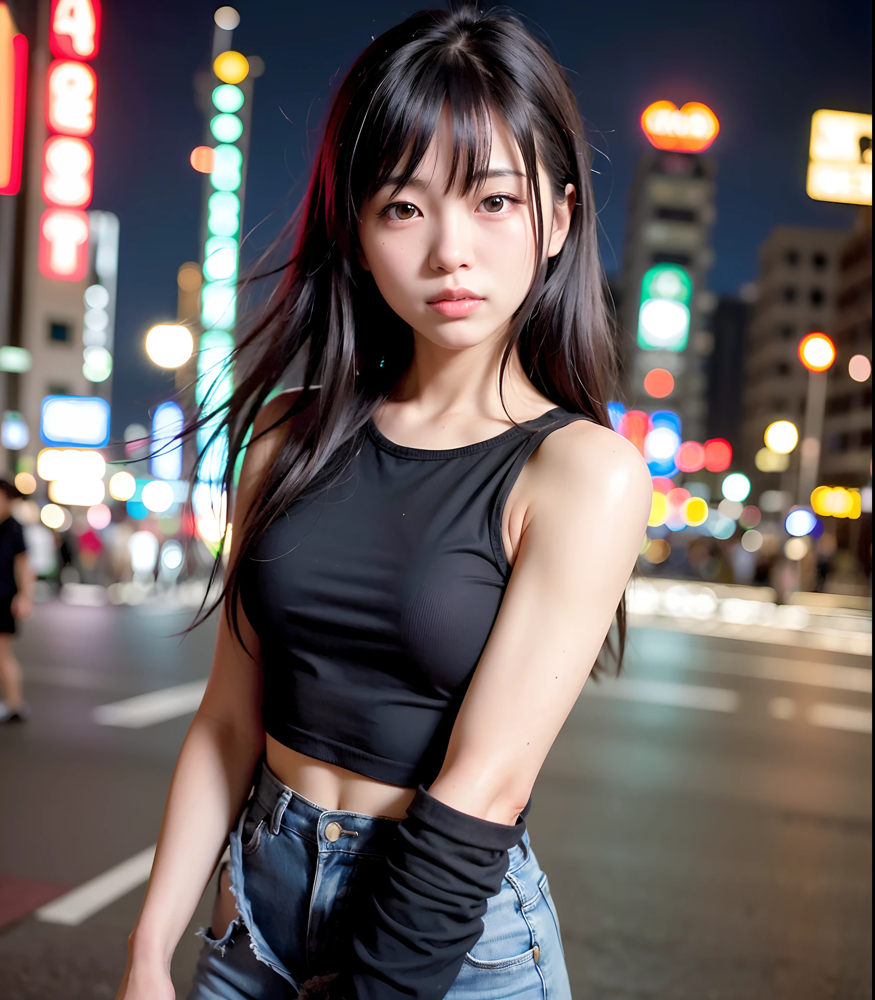 1girl, Japanese-American mix,black longhair,Tokyo street,night, cityscape,city lights,upper body, close-up,, (8k, RAW photo, best quality, masterpiece:1.2),(realistic, photo-realistic:1.37),