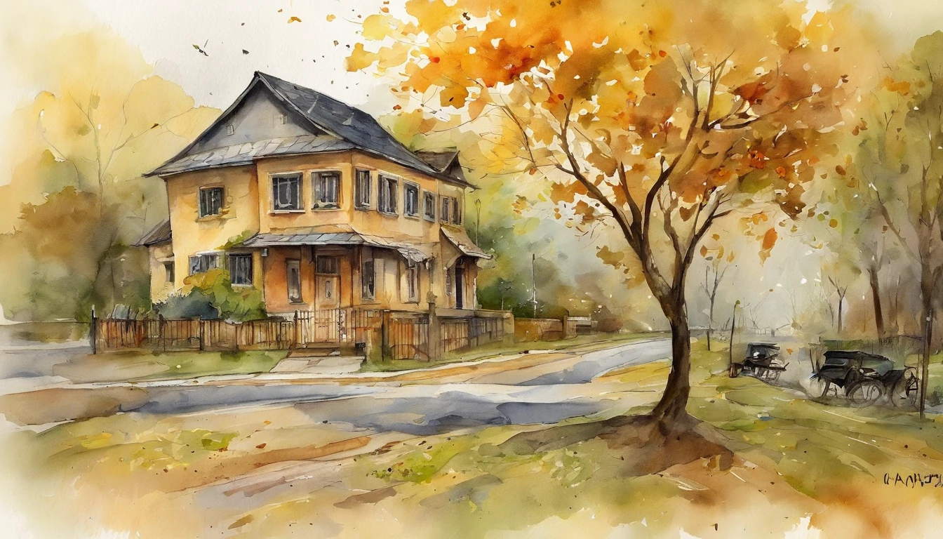 Old residential area,Three storey building,Ginkgo tree, Department deciduous pavement,Fallen leaves,autumnal,Light yellow tone,super-fine,Carefully portrayed,high qulity,8K,Miyazaki animation style