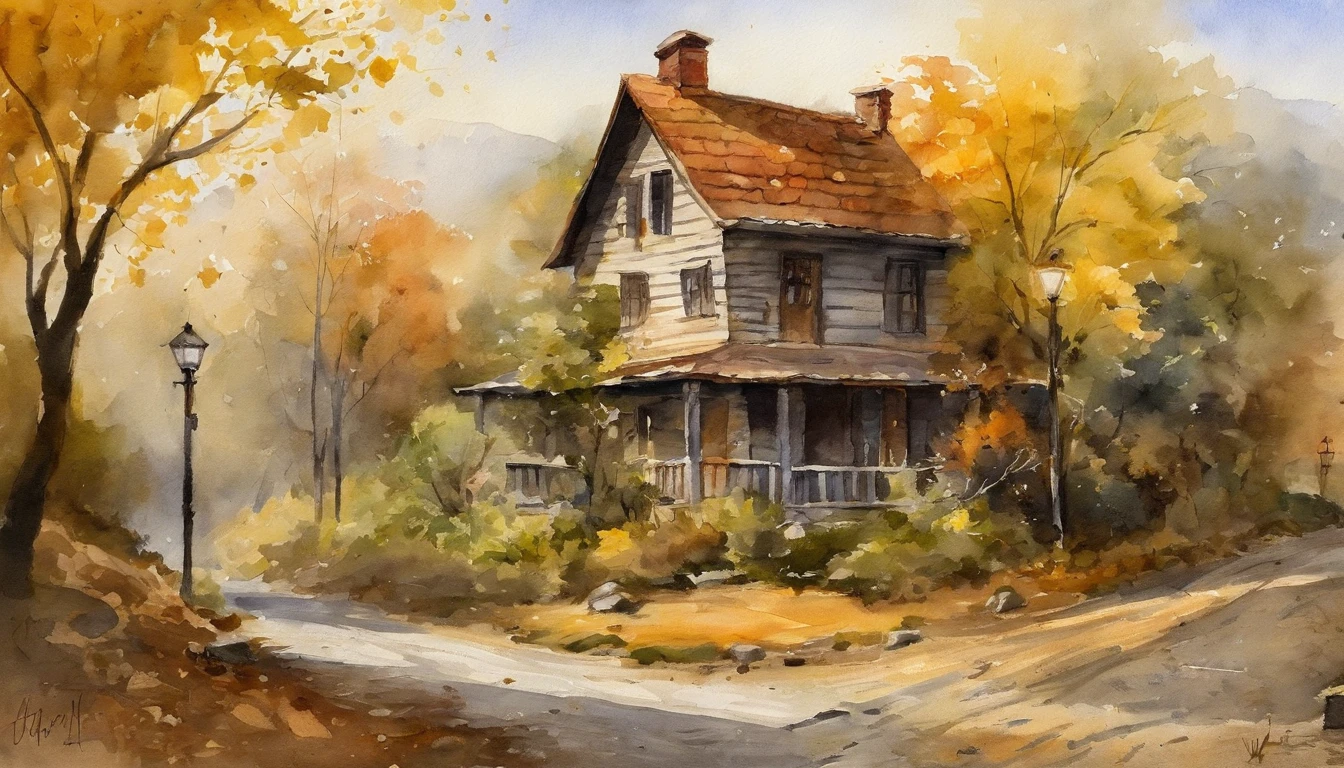 Old residential area,Three storey building,Ginkgo tree, Department deciduous pavement,Fallen leaves,autumnal,Light yellow tone,super-fine,Carefully portrayed,high qulity,8K,Miyazaki animation style