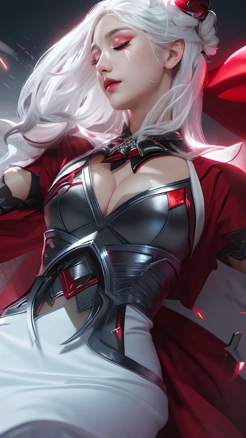 Ultra HD, detailed face , closed eyes , dramatic lighting , calm, 1 lady , assasin, white hair , red dress, huge breasts, neon sparkle , dark background