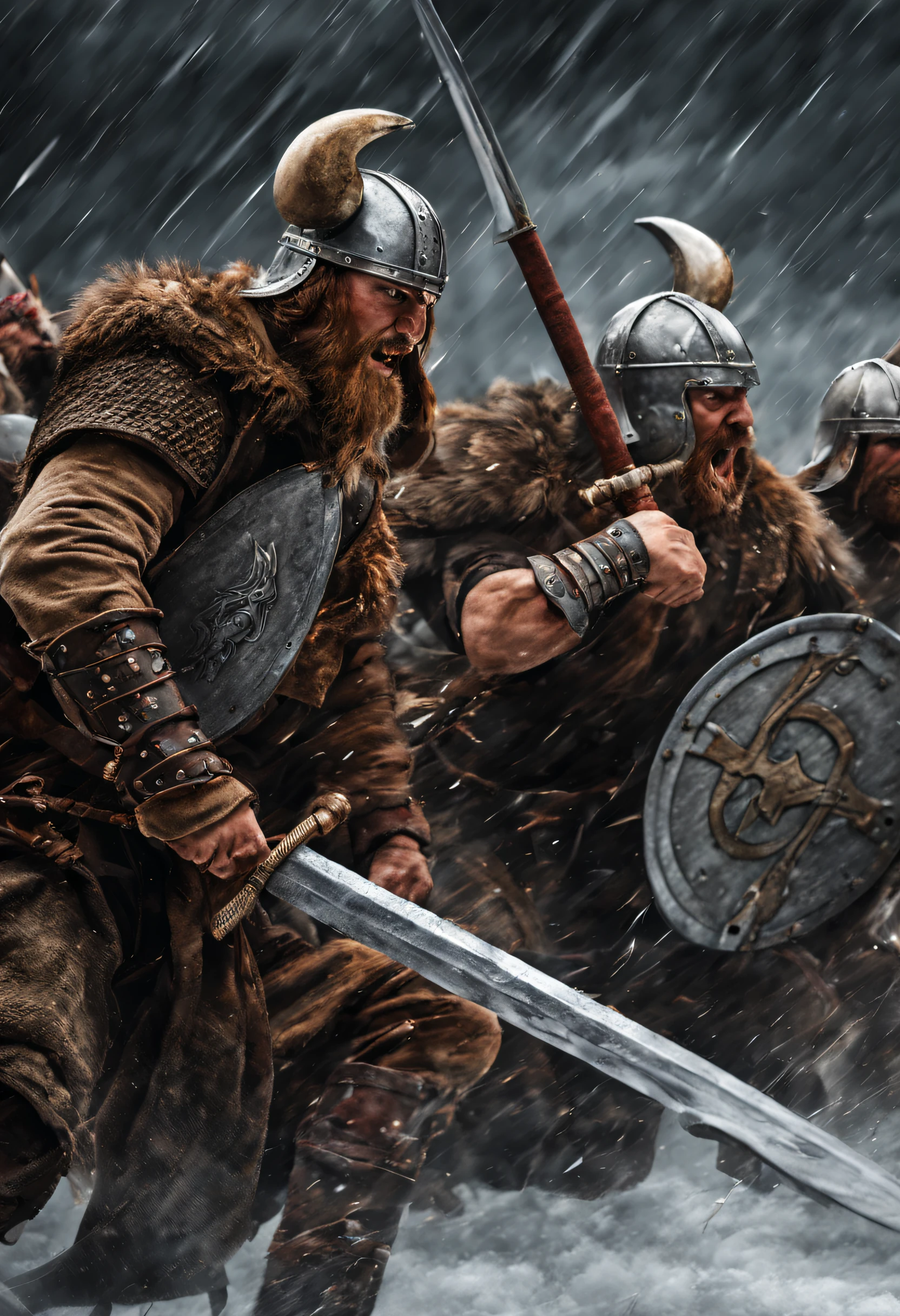 In the midst of a raging storm, a group of Viking warriors with horned helmets clash swords with their enemies, their fierce determination evident in their eyes.