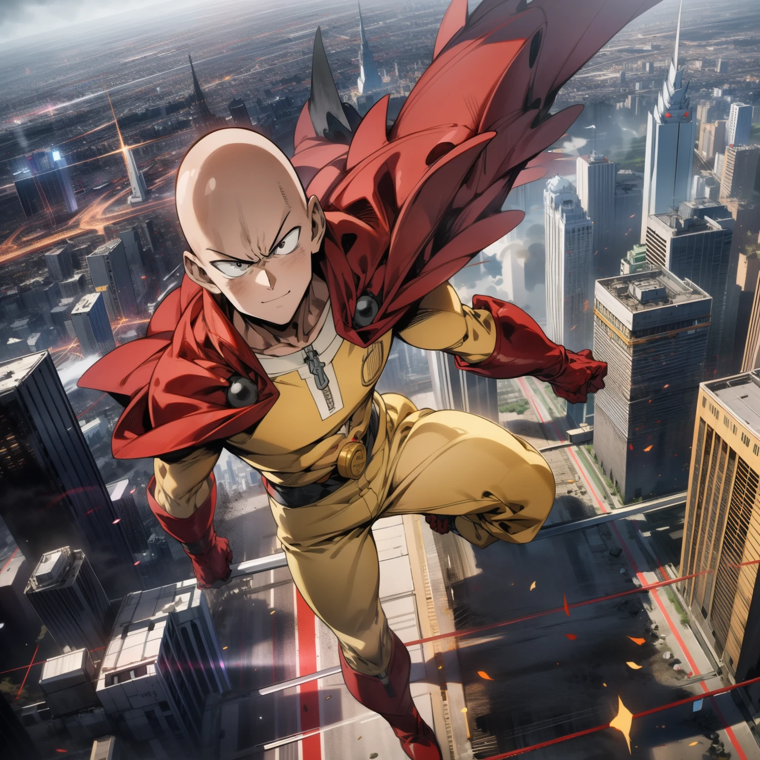 masterpiece, best quality, 1boy, (saitama), bald hair, black eyes, red boots, red gloves, yellow clothes, standing, anime smile, angry face, aura power, night, natural light, flying, angry eyes, evil smiling, male focus, strong muscles, movie composition, flying, bokeh, (futuristic), (full body), city view, flying above the city, scary look, godly strenght