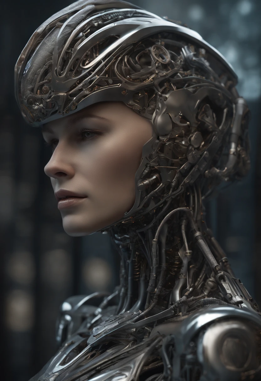 mechanical woman wearing alien limb, humanoid, mechanical limb, mechanical female creature, perfect composition, symmetry, detailed