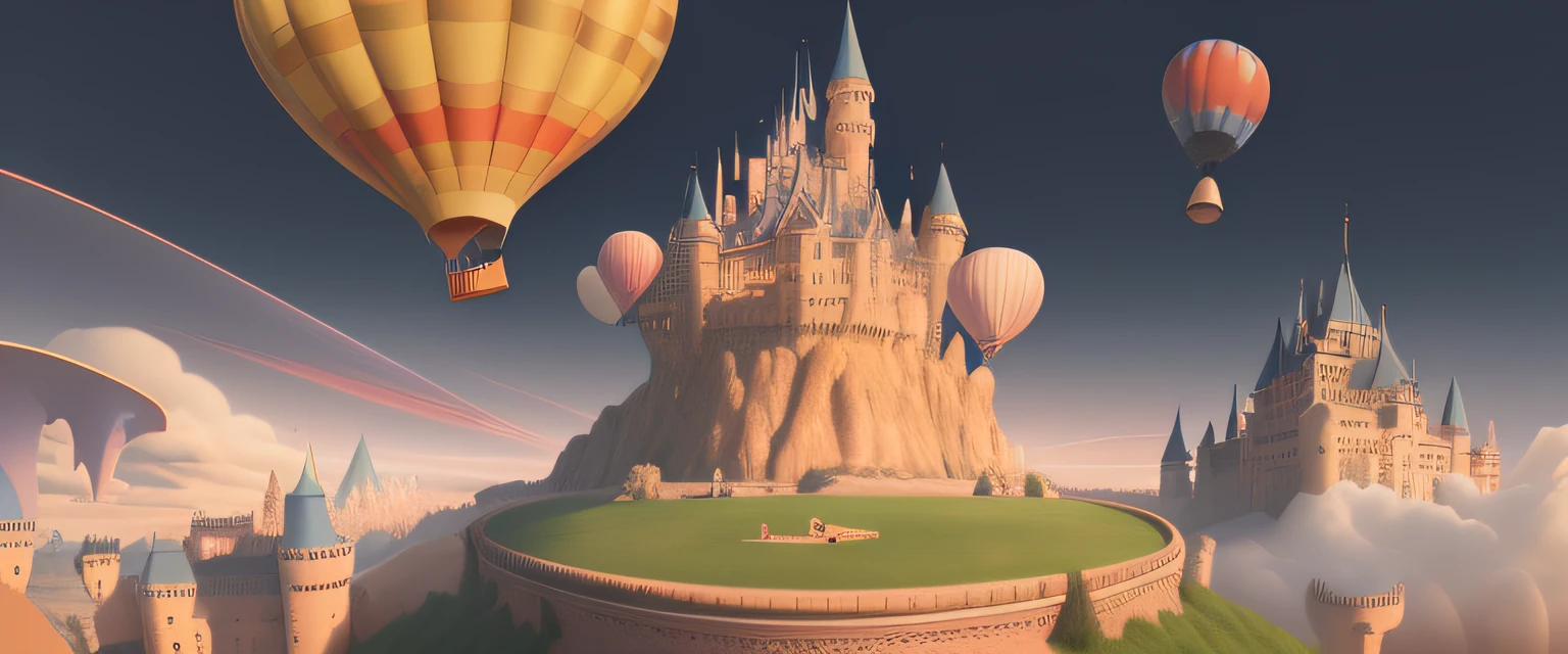 Hot best quality cartoon illustration of hot air balloon flying over castle, , Mobile game background, Castle Contest celebrates the victory of the Hot Air Balloon Castle Highres Anime Style Fang, Surrealism, drop shadow, anaglyph, stereogram, tachi-e, atmospheric perspective, anime style, high detail, 8k, super detail, ccurate, best quality, Highres sunny