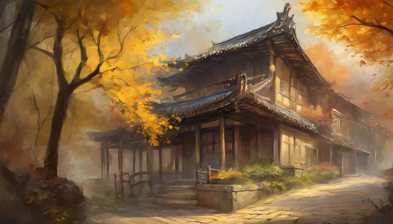 Old residential area,Chinese-style building,Ginkgo tree,Deciduous pavement,Falling leaves,autumnal,Light yellow tone,super-fine,Carefully portrayed,high qulity,8K,Miyazaki animation style