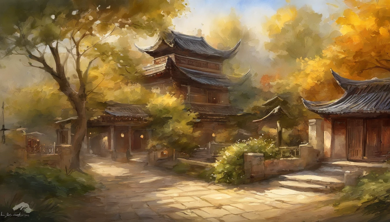 Old residential area,Chinese-style building,Ginkgo tree,Deciduous pavement,Falling leaves,autumnal,Light yellow tone,super-fine,Carefully portrayed,high qulity,8K,Miyazaki animation style