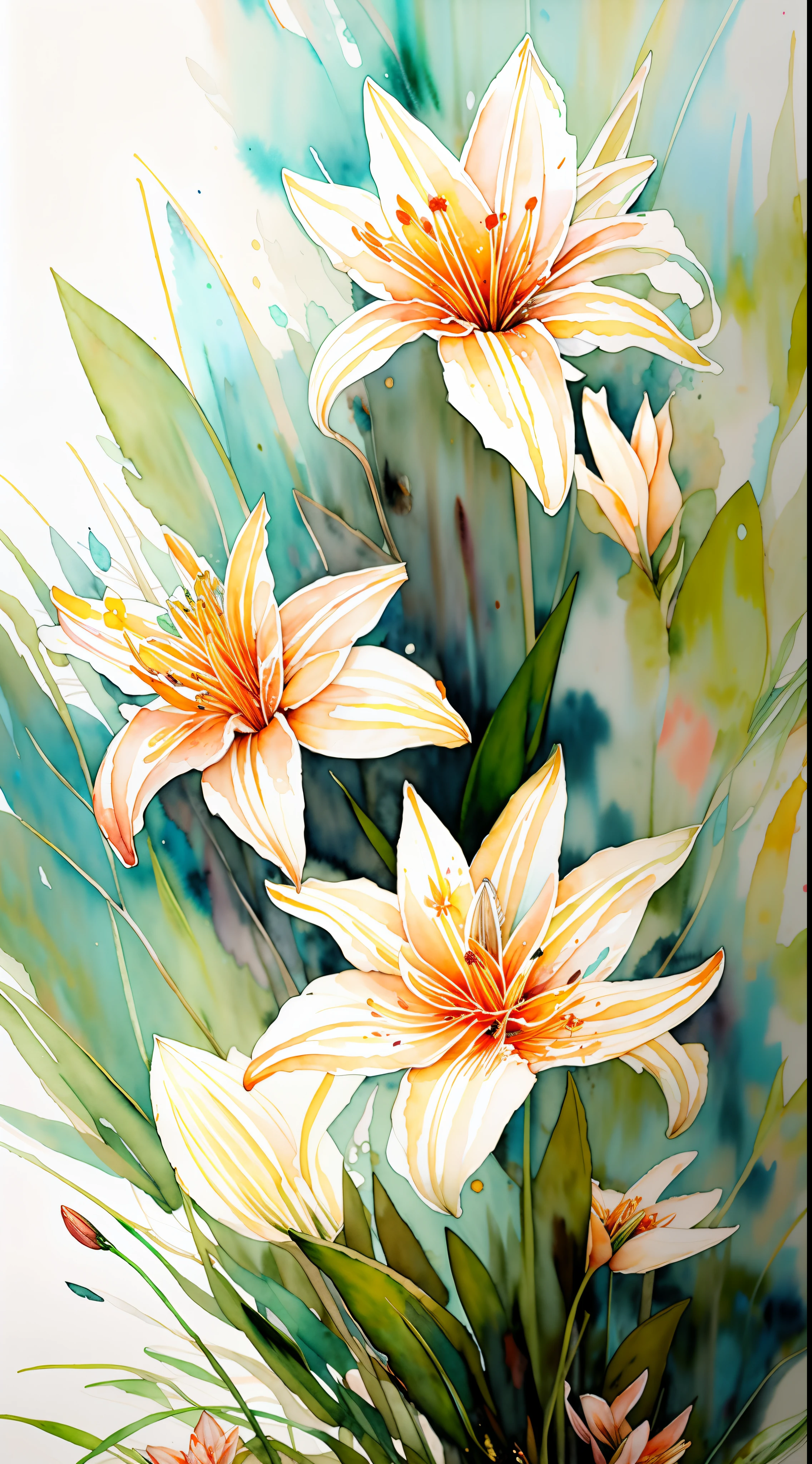wtrcolor style, digital art of (lilies), official art, blown by the wind, masterpiece, beautiful, ((watercolor)), paint splatter, intricate details. Great detail, [dripping:0.5], trending on Artstation, Rachel Walker