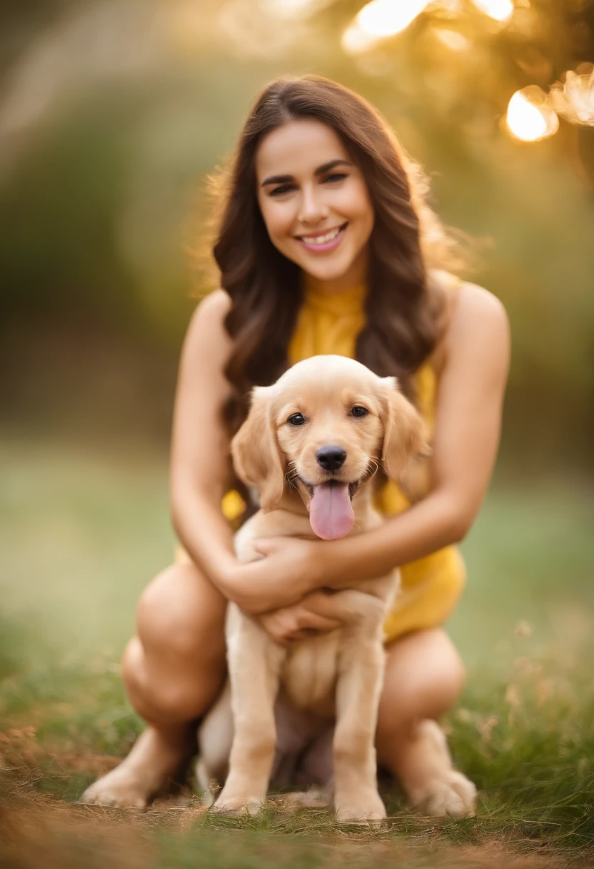 chiquita，o cachorrinho，Fresh and charming，a warm color palette，Hot scene，smiling girl，Puppy friendly，natural soft light，in pastel shades