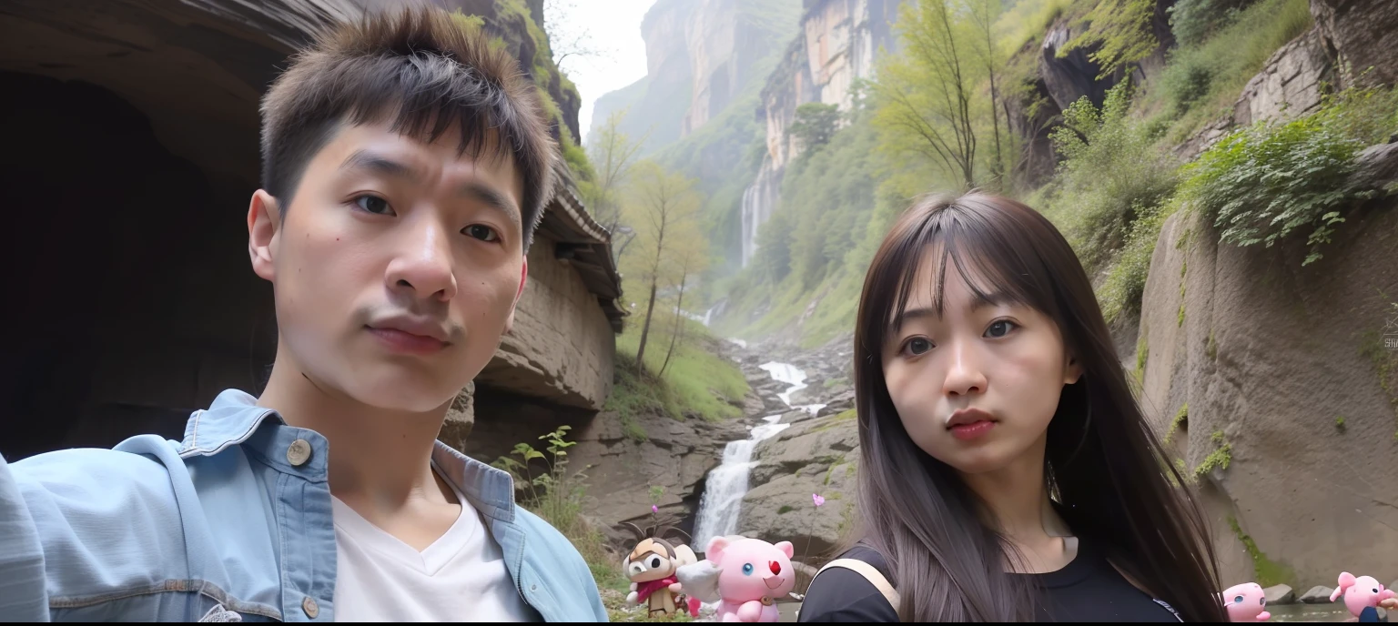 A canyon with two people standing side by side, Ruan Jia and Fenghua Zhong, Ruan Jia and Brom, an 8k selfie, next to a waterfall, Chiyo Yuu, in a cave with a waterfall, Yi Qiang and Shulakket, 🤬 🤮 💕 🎀.
(best quality,4k,8k,highres,masterpiece:1.2), ultra-detailed, (realistic,photorealistic,photo-realistic:1.37), HDR, UHD, studio lighting, ultra-fine painting, sharp focus, physically-based rendering, extreme detail description, professional, vivid colors, bokeh, portraits, landscape, horror, anime, sci-fi, photography, concept artists, vibrant colors, warm tones, soft lighting.