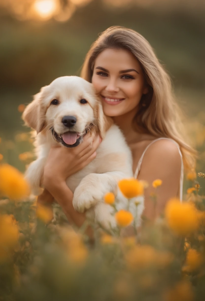 Blonde pretty woman, Einen Golden Retriever-Welpen im Arm