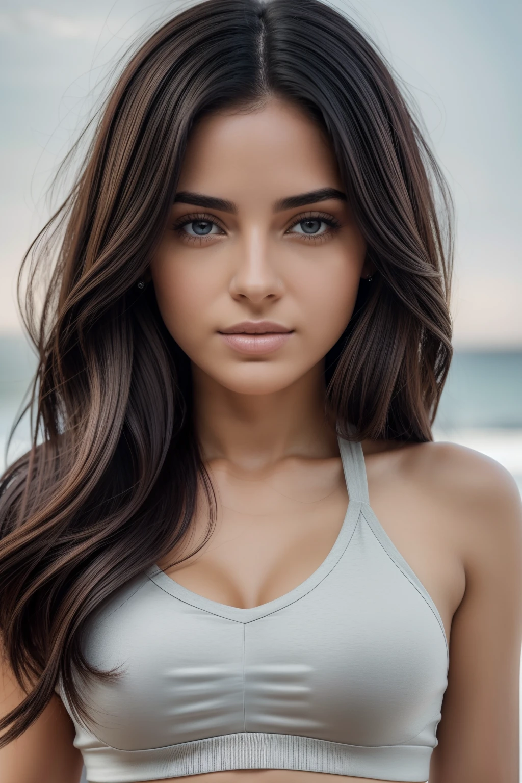 Natural photograph of a beautiful girl, usar un crop top suelto, inclinarse sobre, Cabello largo y suelto, Busto grande, Lock your eyes on camera, eyes symmetrical, face symmetrical, fotorrealista, Cinematographer, Seguimiento de rutas, specular lighting, Volumetric light for the face, Camino trazado del cabello, Sombras visibles, intrincado, elaborar