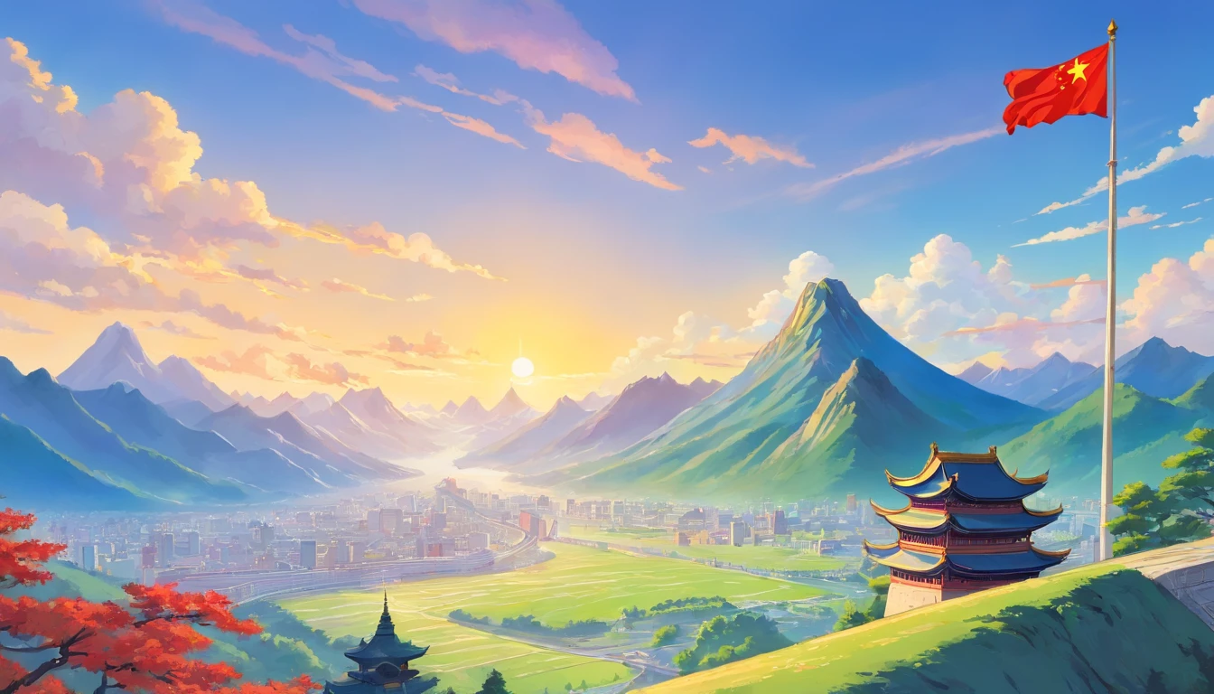 The national flag of China,majestic mountain peaks,Tiananmen square,The book reads, "The party was childish.",Set sail with your dreams"