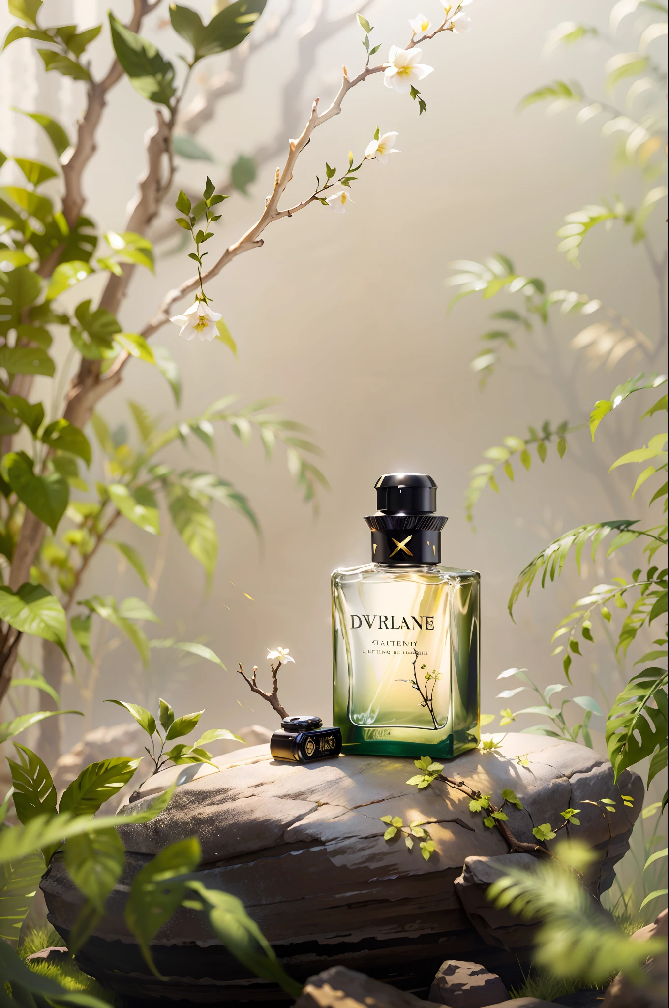 Photography, beautiful luxury black bottle of perfume with golden cap on polished rocks, thin branches of plants in the background, shallow depth of field, off white setting, peaceful environment, Studio lighting --iw 1 50 --v 5.2 --s 2