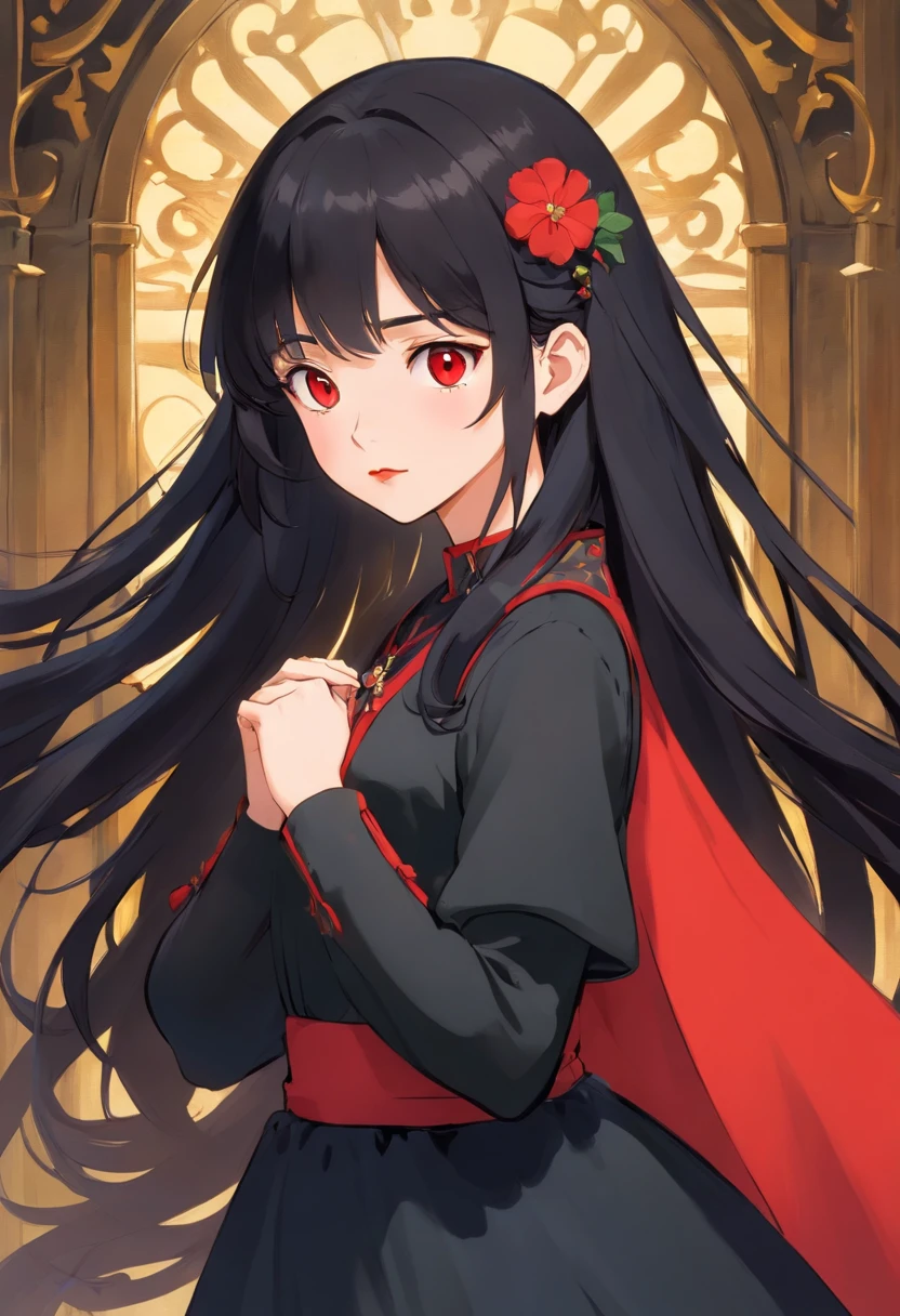 1 girl, Royal Sister Style, Black Long Hair, Black Dress, black pupils, Beautiful face, Red lips, High-end feeling, noble