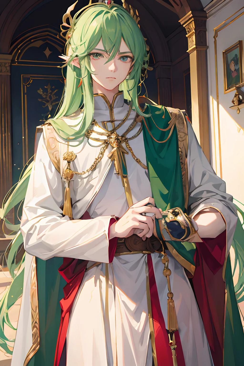 Anime - Stylistic image of a man in green and white clothing, Beautiful androgynous prince, A hermaphroditic prince with delicate pupils of light red pupils, ((wearing aristocrat robe)), casimir art, wearing a crown and green cape, lady palutena, dressed in a green robe, a portrait of a male elf, detailed anime character art, Detailed key anime art,