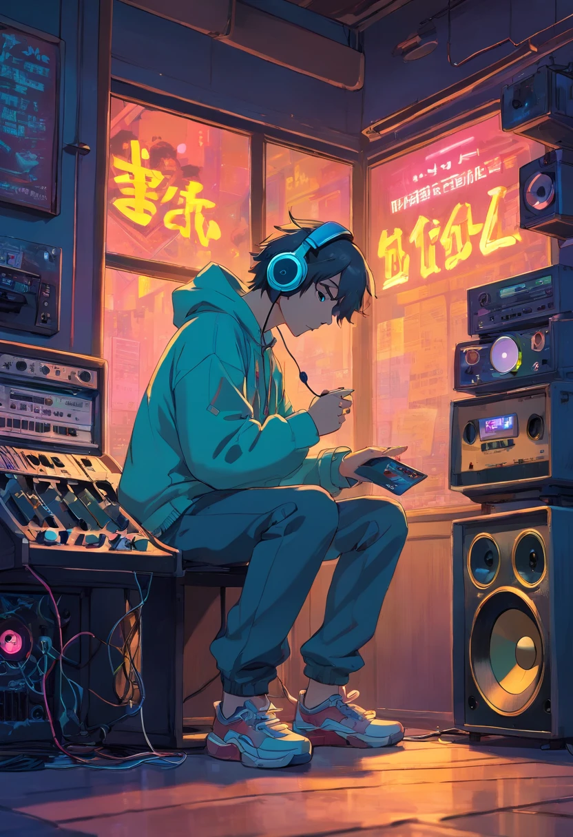 Photo of a man listening to music wearing headphones, Text why you, Super detail, Vintage wave, Cyberpunk, Sad atmosphere, Luminous light through the windows, nighttime scene, One bedroom, 2D, (shot from afar), Wide shot, (Noise from the film), Old cartoons, (Many records: 1.3), Vinyl record store, (Masterpiece, Very high quality, Very high quality, offcial art, Beautiful and aesthetic: 1.2), (Very detailed, (Fractal art: 1.4 ), guitar, (Notes: 1.4), (Lo-fi hip-hop), Side view, Old anime textures, Alone, speakers, Cyberpunk, Vinyl, Night