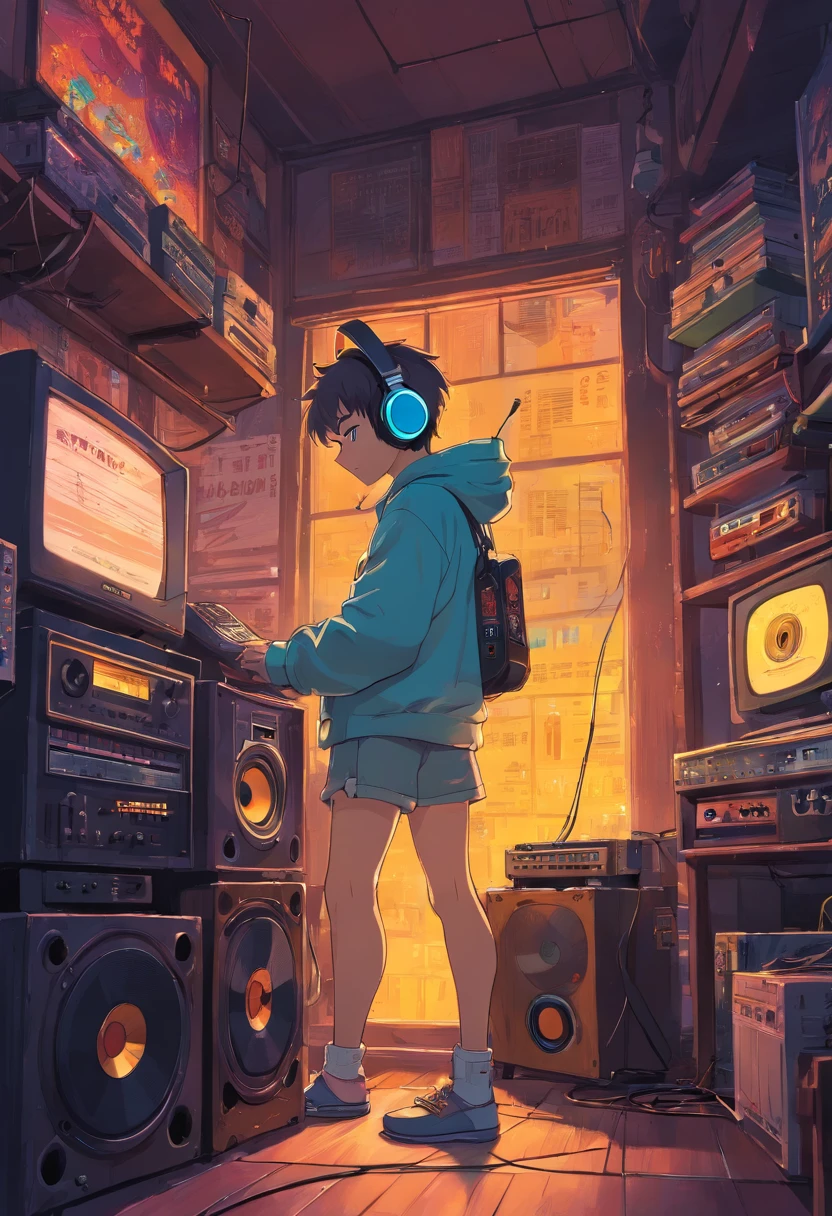 Photo of a man listening to music wearing headphones, Text why you, Super detail, Vintage wave, Cyberpunk, Sad atmosphere, Luminous light through the windows, nighttime scene, One bedroom, 2D, (shot from afar), Wide shot, (Noise from the film), Old cartoons, (Many records: 1.3), Vinyl record store, (Masterpiece, Very high quality, Very high quality, offcial art, Beautiful and aesthetic: 1.2), (Very detailed, (Fractal art: 1.4 ), guitar, (Notes: 1.4), (Lo-fi hip-hop), Side view, Old anime textures, Alone, speakers, Cyberpunk, Vinyl, Night