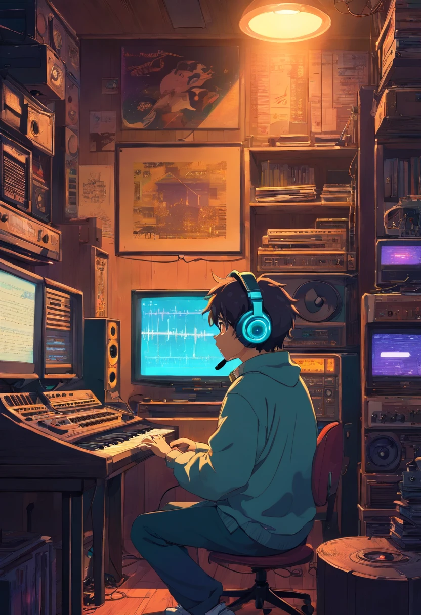 Photo of a man listening to music wearing headphones, Text why you, Super detail, Vintage wave, Cyberpunk, Sad atmosphere, Luminous light through the windows, nighttime scene, One bedroom, 2D, (shot from afar), Wide shot, (Noise from the film), Old cartoons, (Many records: 1.3), Vinyl record store, (Masterpiece, Very high quality, Very high quality, offcial art, Beautiful and aesthetic: 1.2), (Very detailed, (Fractal art: 1.4 ), guitar, (Notes: 1.4), (Lo-fi hip-hop), Side view, Old anime textures, Alone, speakers, Cyberpunk, Vinyl, Night