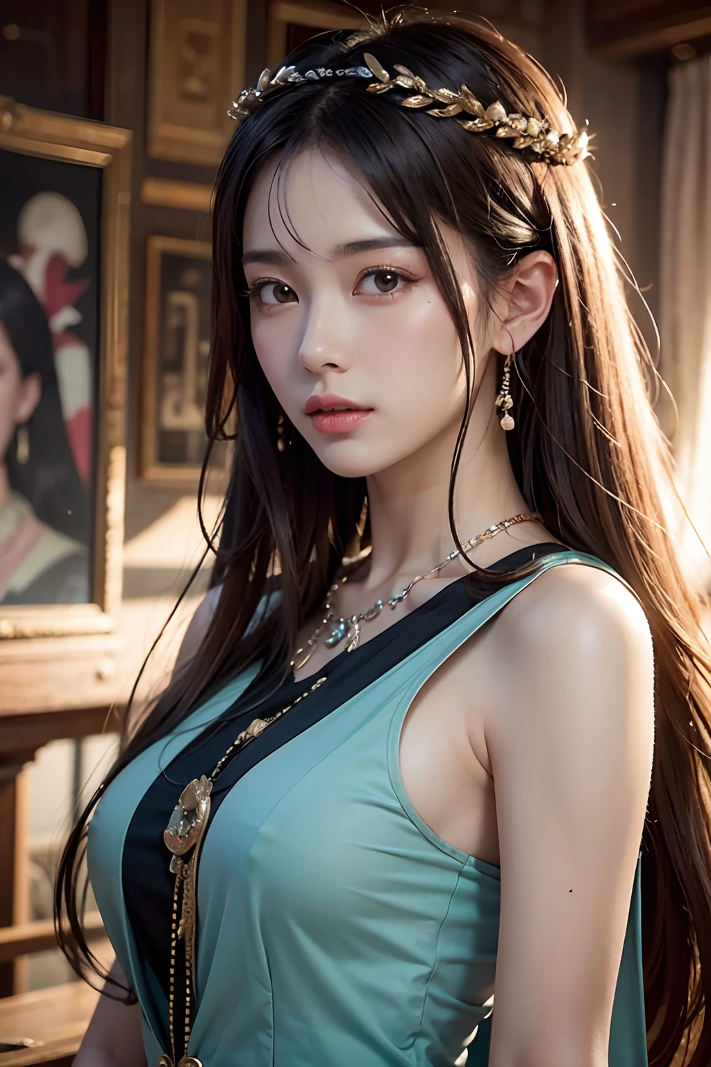 (RAW photo, best quality), (realistic, photo-realistic:1.3),best quality,highly detailed,masterpiece,ultra-detailed,illustration,1girl,upper_body,dynamic angle,world masterpiece theater,messy_long_hair,best quality,extremely detailed CG unity 8k wallpaper,ink,Amazing,cinematic lighting,lens_flare,,dunhuang_style