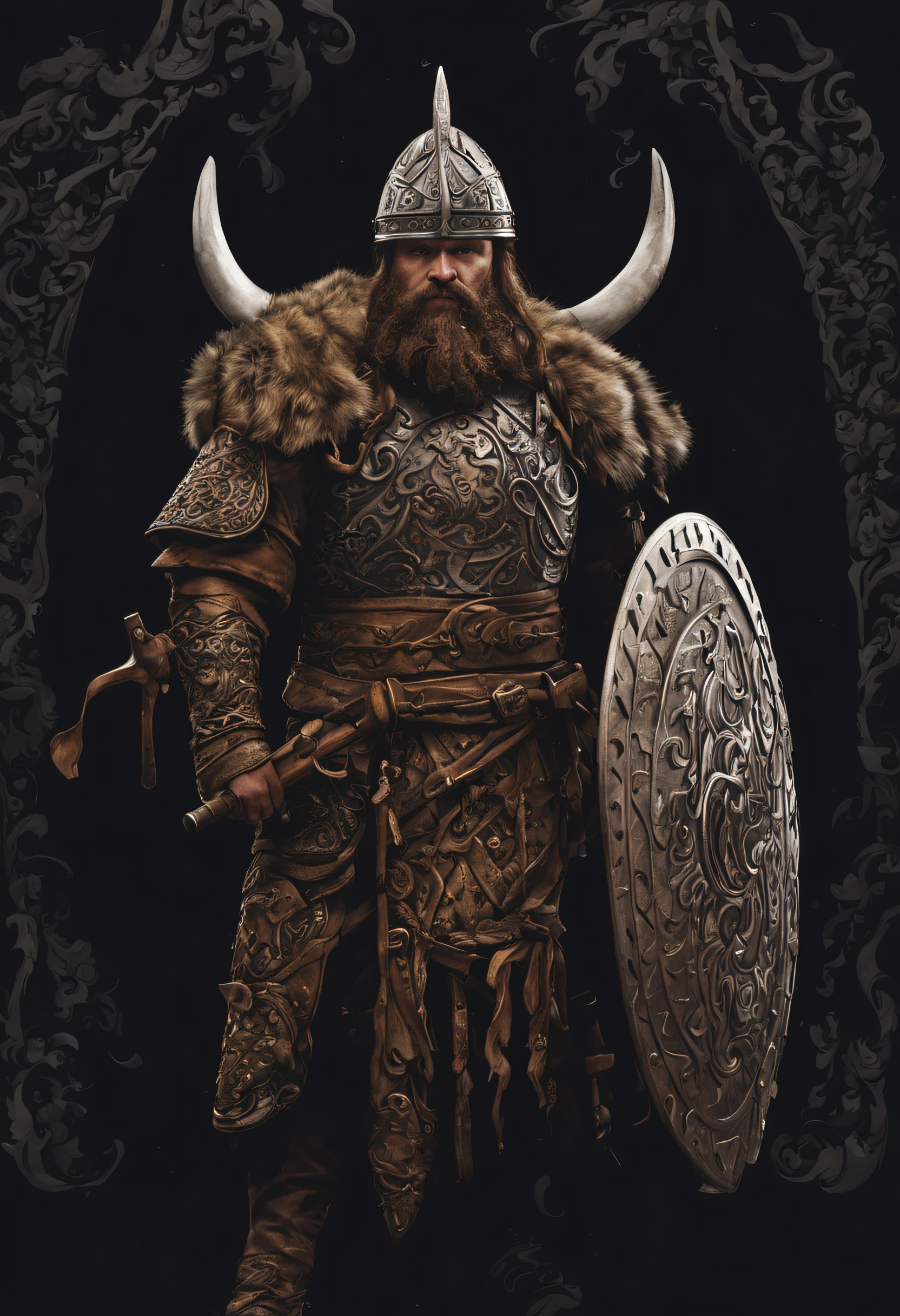 A Viking warrior, his horned helmet adorned with intricate carvings, stands tall and proud as he leads his army into battle.