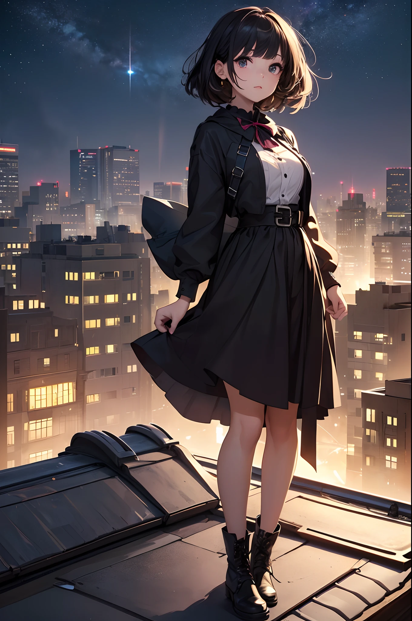 Anime girl standing on roof of building with city in background - SeaArt AI