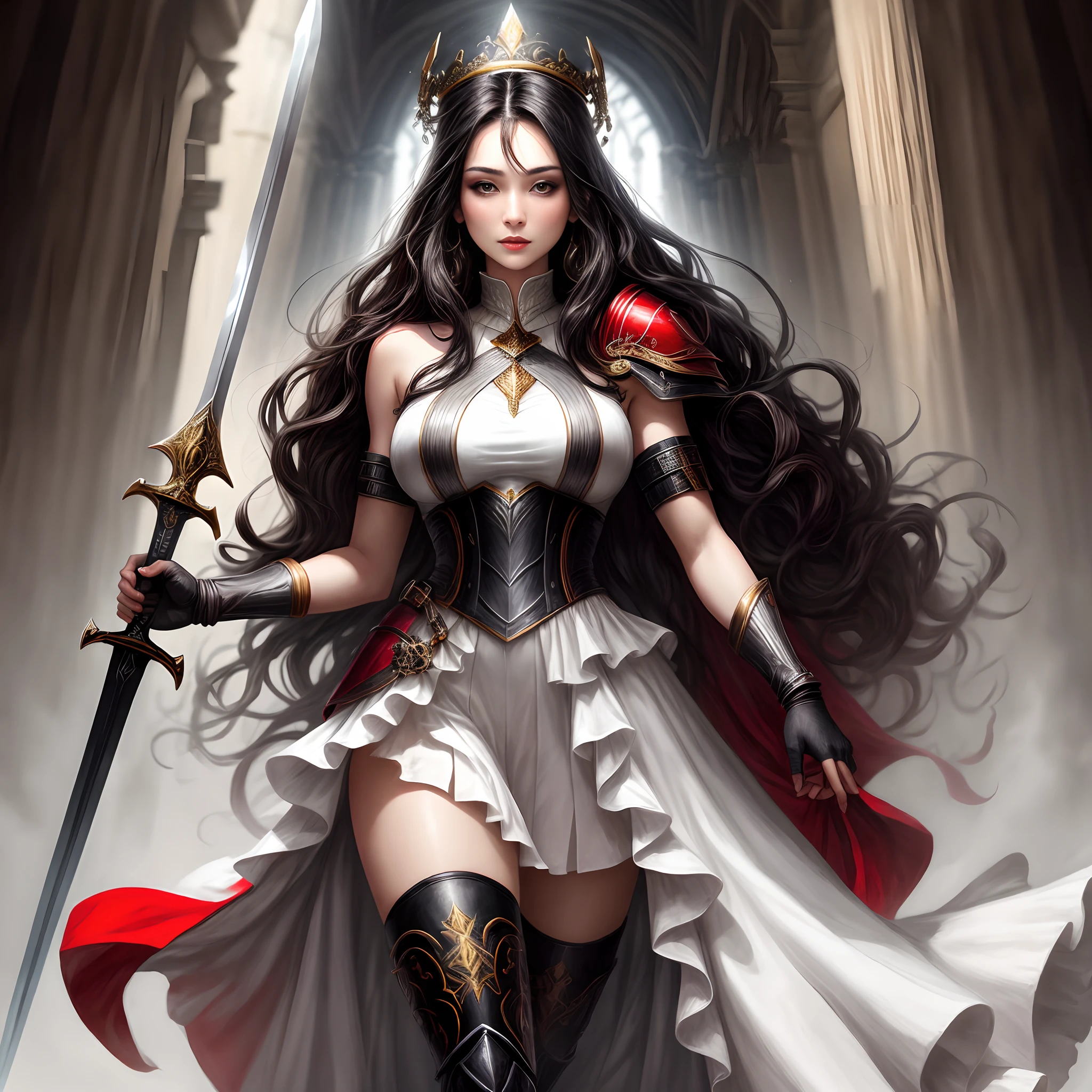 tall woman beautiful face hegemonic goddess with pale skin, athletic body, grey eyes, with armor on her arms and chest, long wavy black hair, white dress with ruffles and red stitching, long black boots using a sword