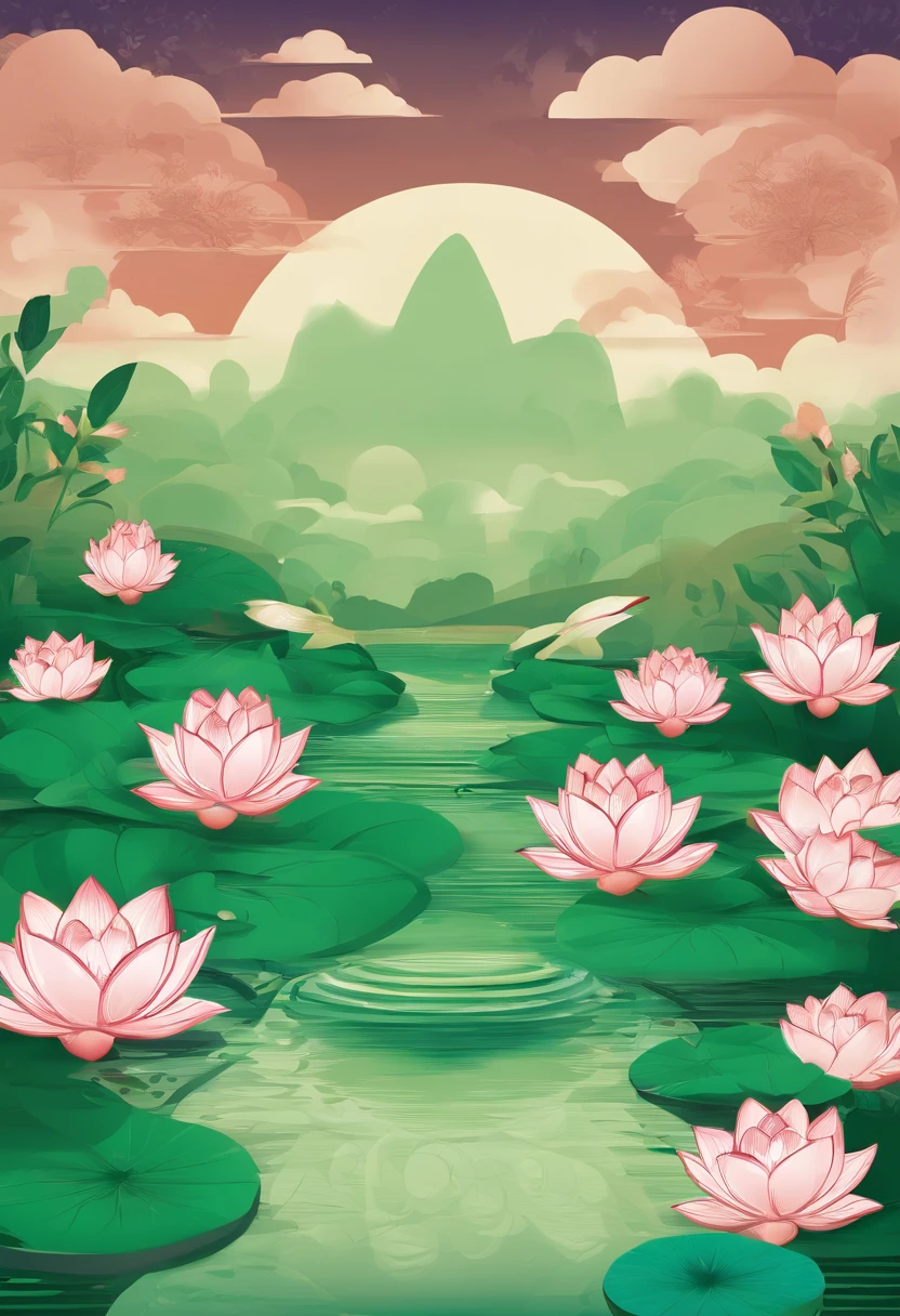 Vector graphics,vectorial,Graphic illustration,Flat noise style,Vector illustration,lotuses,ponds,Lotus on both sides,Water flows in the middle,frogs,The fish,illustration,scenecy,poster for,gracefulness,The color is bright,Green