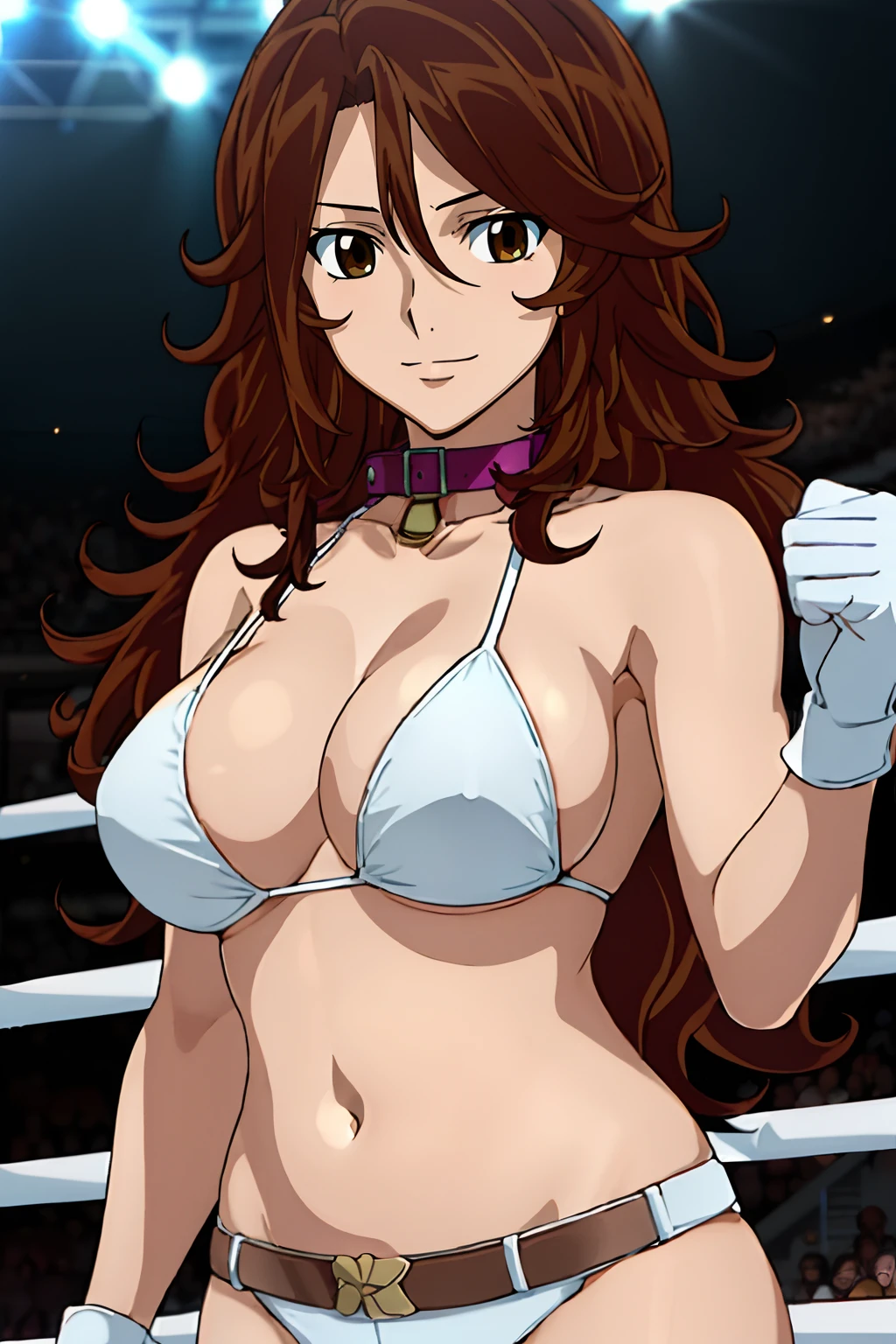 curvy belly, titration screen,, Elegant lady, (upper body only), anime style: 1.8, anime drawing, ultra detailed face, ultra detailed body, 4k, Sumergai Lee Noriega, (standing), best quality, anime style, hires, highest definition, digital blending, bold drawing lines, ((wwe diva), (location: wrestling arena, crowds watching), ( slim body, (little biceps), , off-shoulders, closed fists, (very curvy: 2.8)), ((white bikini, only, white gloves, collar, hand protector, (champion belt on bare belly))), loser, defeated, sad, (pale skin, very big breasts, smile), (big eyes, brown eyes), (clapping), (brown hair, loose hair, curly hair, wavy hair, long hair, missy hair), 27 years old,