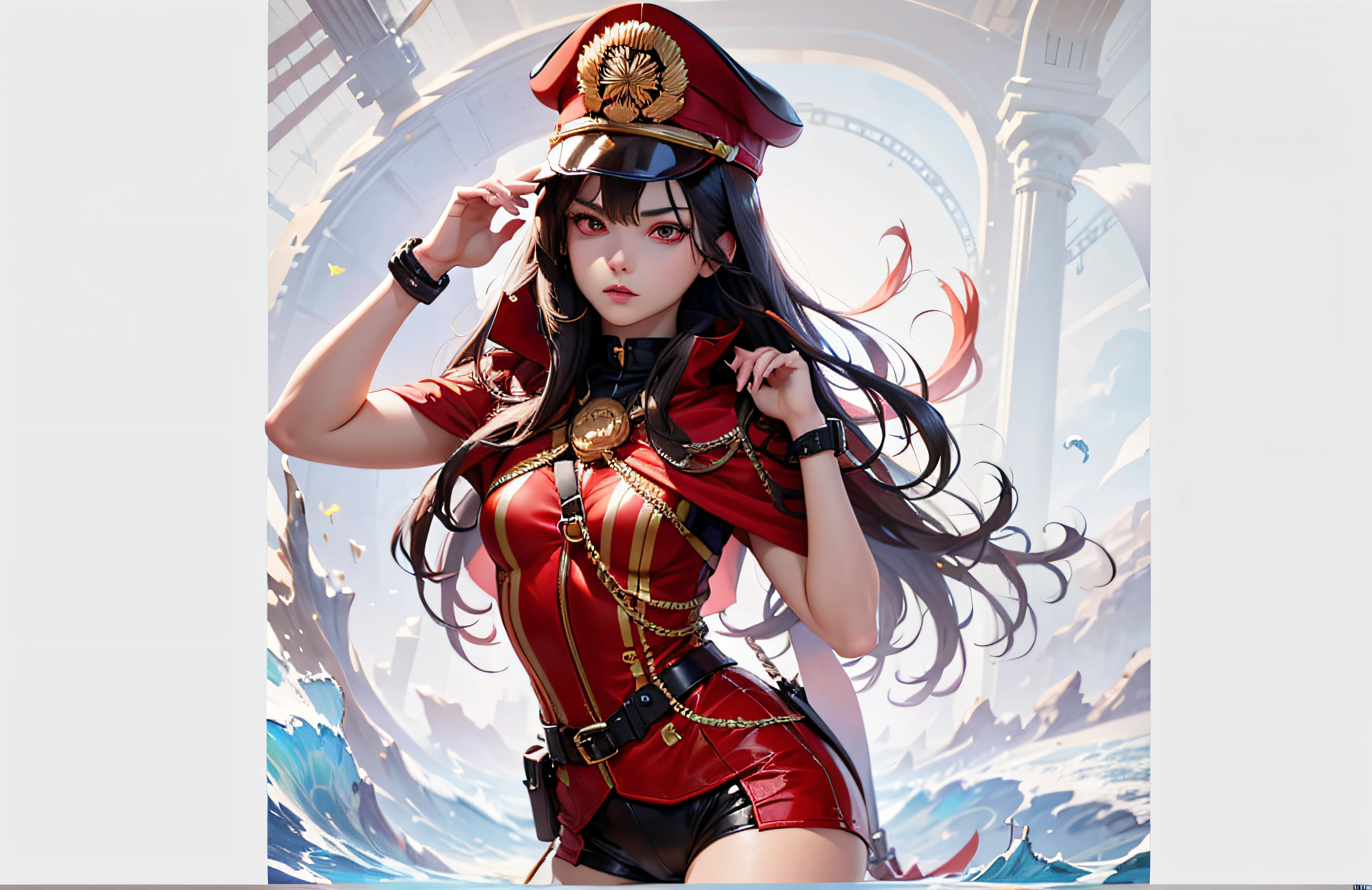 (Detailed face and eyes:1.1),1girll,Oda_smoll,Hat,Cape,Red eyes,army suit,Black hair,
Break,Hyper-detailing,(A high resolution:1.1),Best quality,(Masterpiece:1.3),Cinematic lighting,