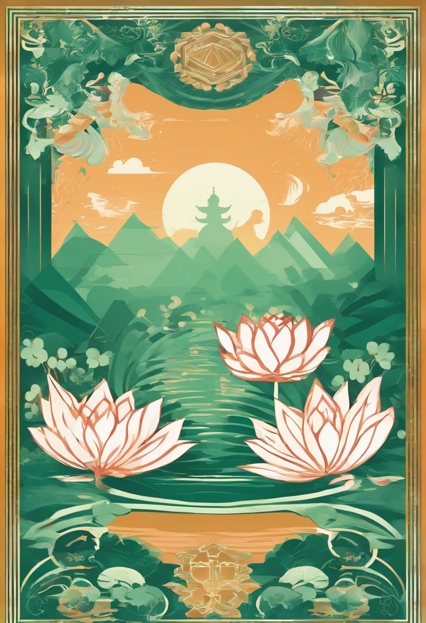 Vector graphics，vectorial，Graphic illustration，Flat noise style，Vector illustration，lotuses，ponds，Lotus on both sides，Water flows in the middle，frogs，The fish，illustration，scenecy，poster for，gracefulness，The color is bright，Green