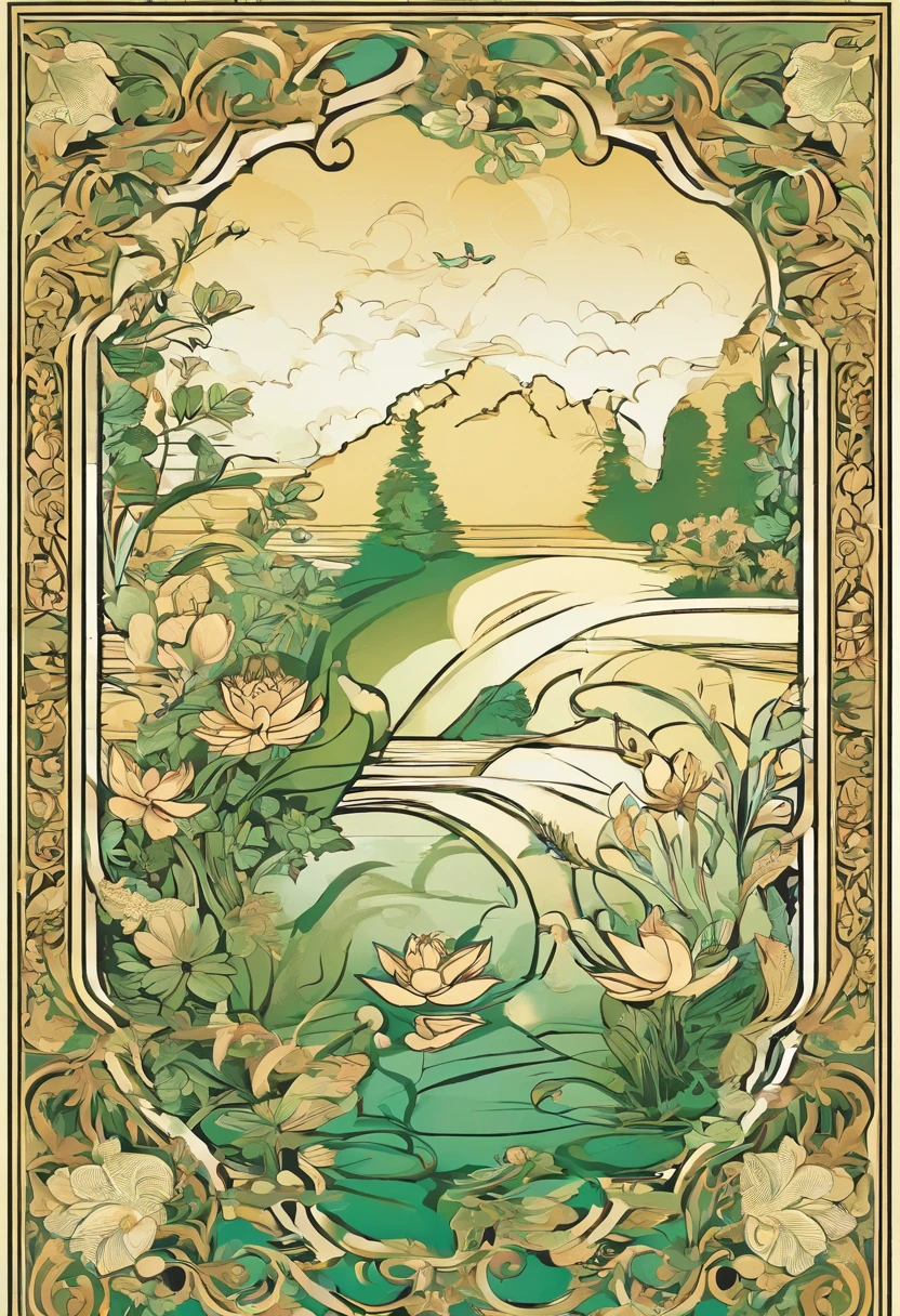 Vector graphics,vectorial,Graphic illustration,Flat noise style,Vector illustration,lotuses,ponds,Lotus on both sides,Water flows in the middle,frogs,The fish,illustration,scenecy,poster for,gracefulness,The color is bright,Green