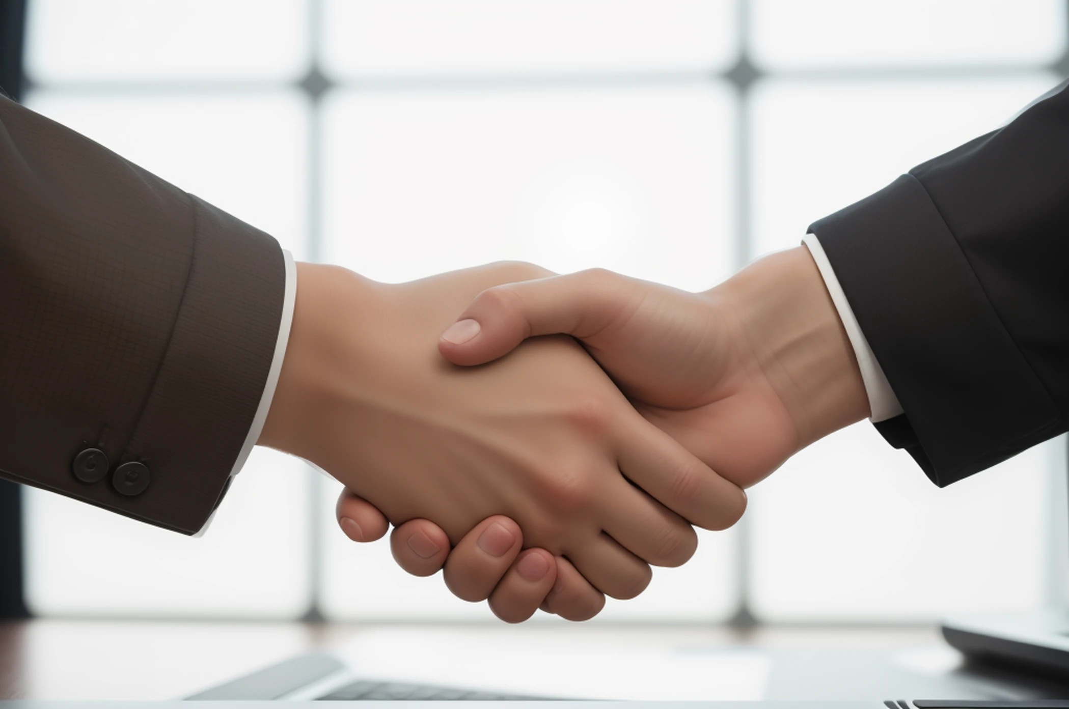 Two men shaking hands in front of laptop, handshake, reaching out each other, shutterstock, professional cooperate, endless collaboration with ai, hand holdings, leaked image, Realistic image, realistic scene, Realistic depiction, meeting together, Harmonious integration, hight resolution, istock, across holding a hand, close portrait, blurry photo, top-quality,8K,masterpiece