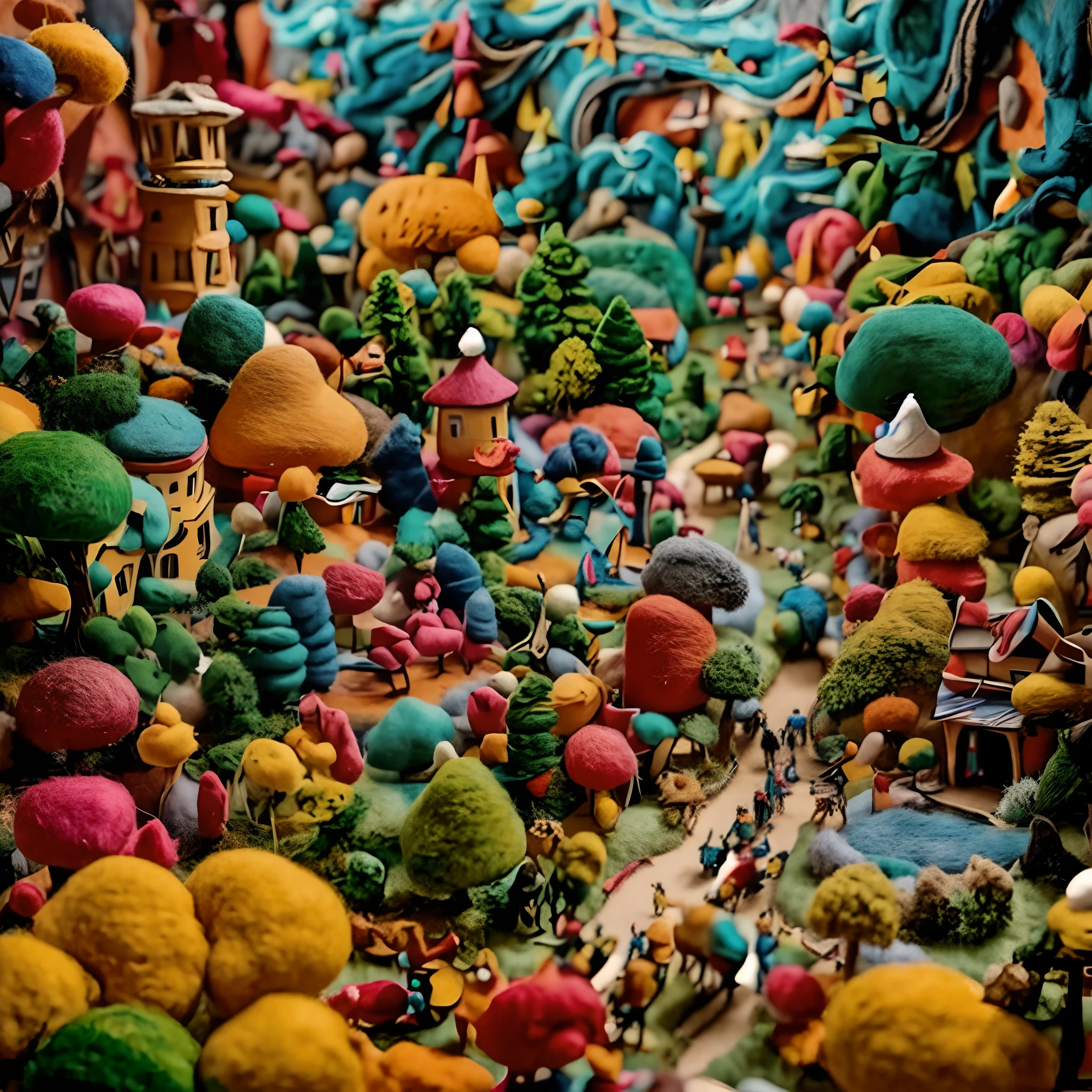 Wool felt world,Colorful town,Intricate details, Highly realistic, Hyperrealistic, insanely details, Bokeh, Studio lighting