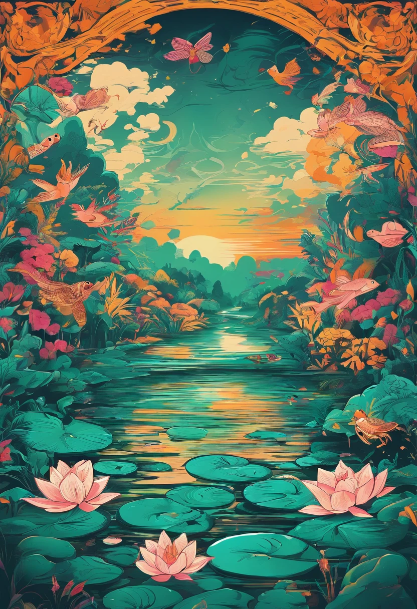 Vector graphics,vectorial,Graphic illustration,Flat noise style,Vector illustration,lotuses,ponds,Lotus on both sides,Water flows in the middle,frogs,The fish,illustration,scenecy,poster for,gracefulness,The color is bright,Green