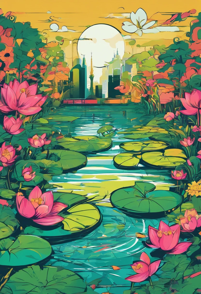 Vector graphics,vectorial,Graphic illustration,Flat noise style,Vector illustration,lotuses,ponds,Lotus on both sides,Water flows in the middle,frogs,The fish,illustration,scenecy,poster for,gracefulness,The color is bright,Green